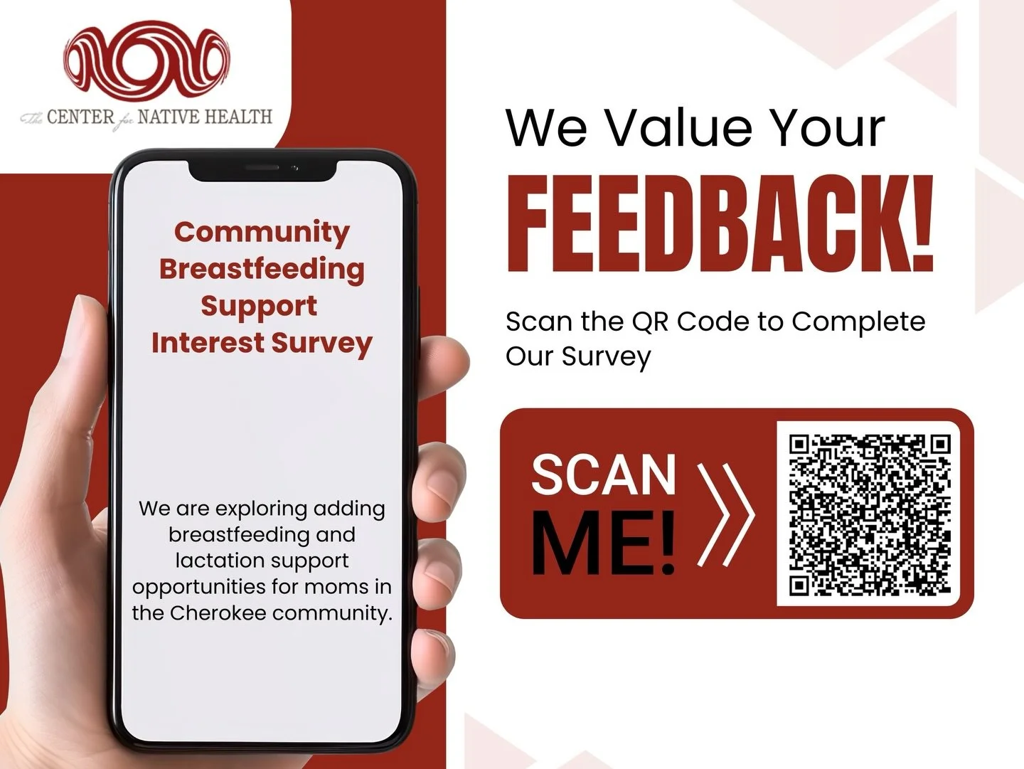 We want to hear from you! Help us better support breastfeeding and lactation in our community, scan the QR code to take the survey.