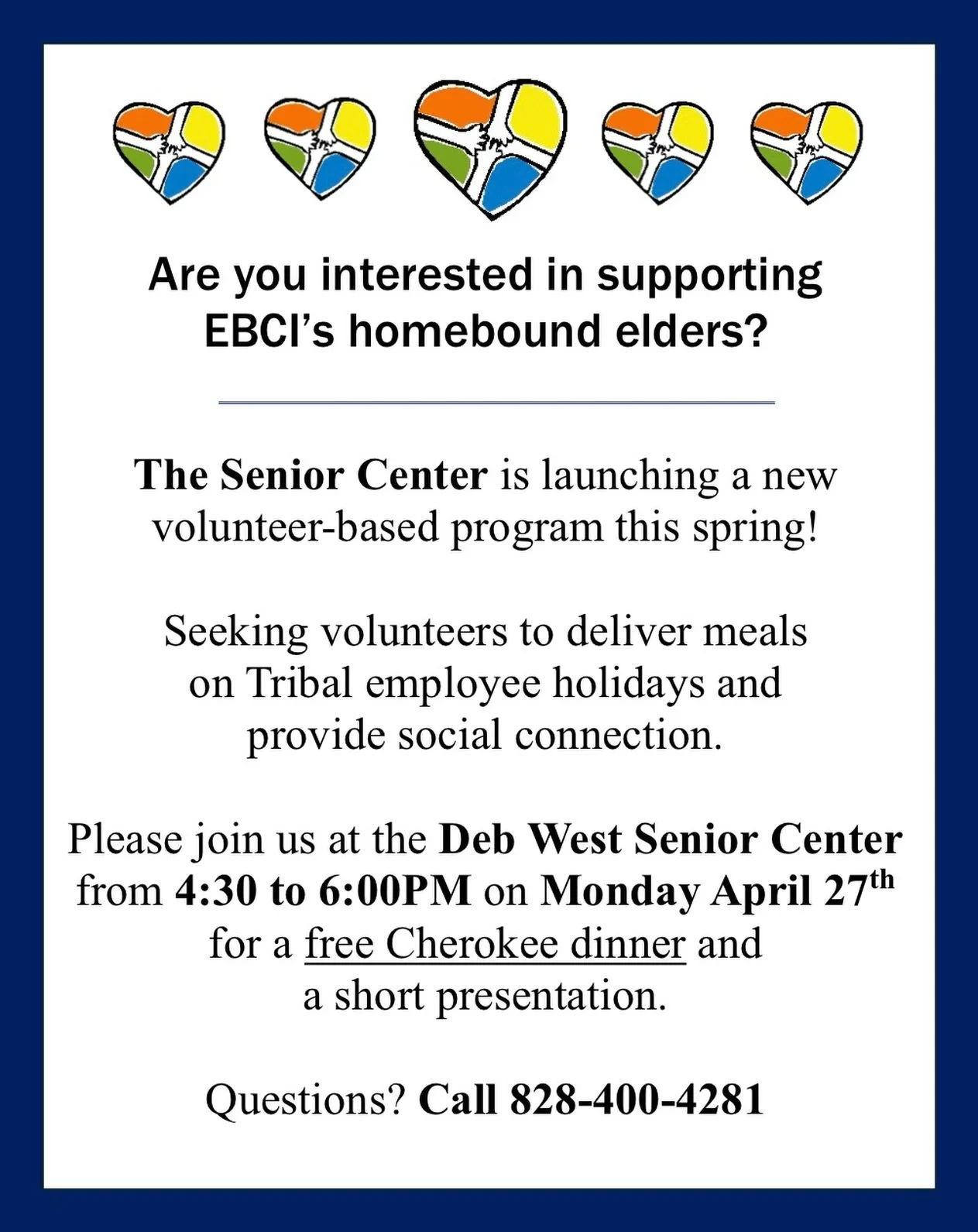 Are you interested in supporting EBCI&rsquo;s homebound elders? Join us for an event at Tsali Manor on April 27 to learn more about the Elder Allies program.
The Senior Center is launching a new volunteer-based program this spring and is seeking volu