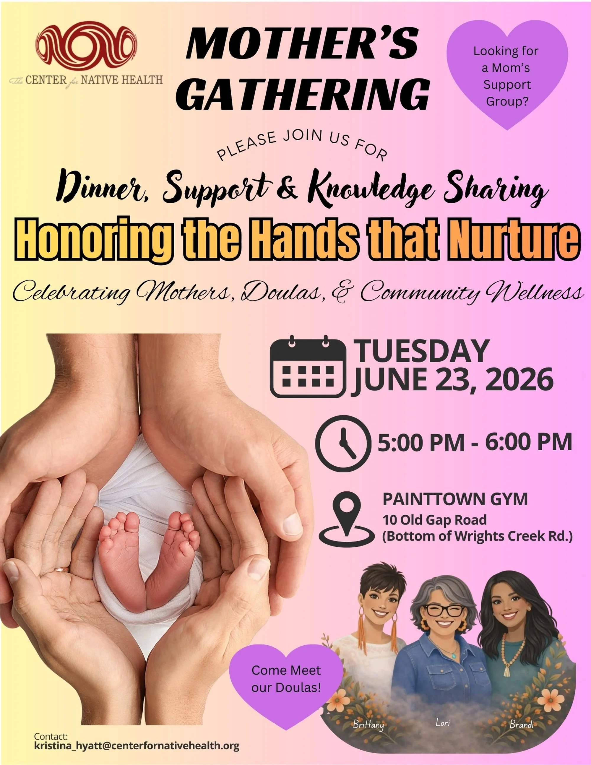 Join us for our June Mother&rsquo;s Gathering!
This month&rsquo;s topic is Honoring the Hands that Nurture as we celebrate mothers, doulas, and community wellness.
We will gather at the Painttown Gym on Tuesday, June 23, from 5&ndash;6 PM. We hope to
