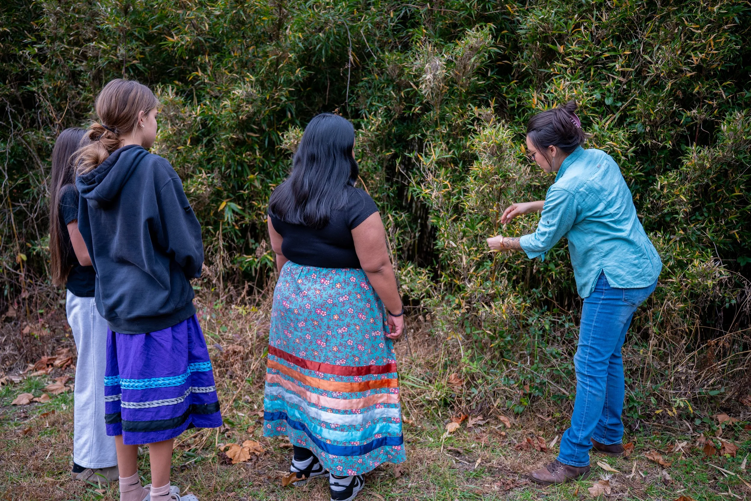 students listening to an educator about river cane