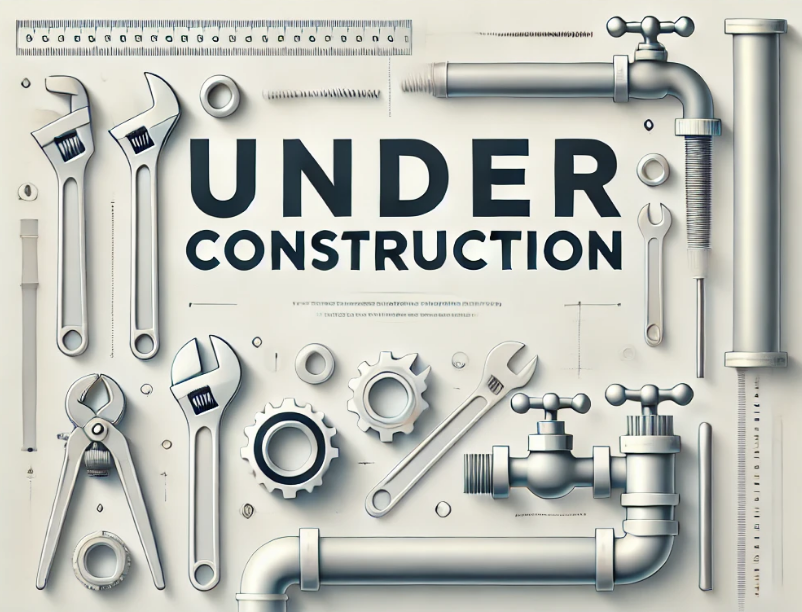 "Under arbeid"-bilde med rørleggertema. Bildet viser verktøy som skiftenøkler, rør, ventiler og tannhjul arrangert rund teksten "UNDER CONSTRUCTION" i store, moderne bokstaver. Perfekt for en nettside under utvikling.