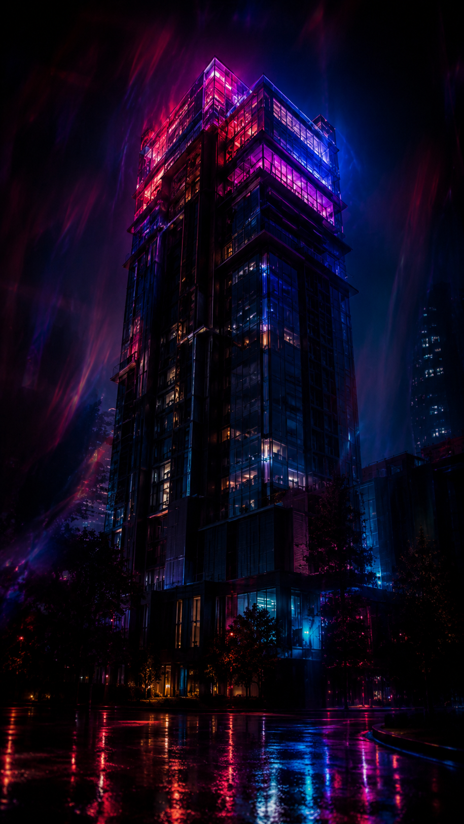 Dark high-rise illuminated by blue and violet signal light in the VYVYD visual world.