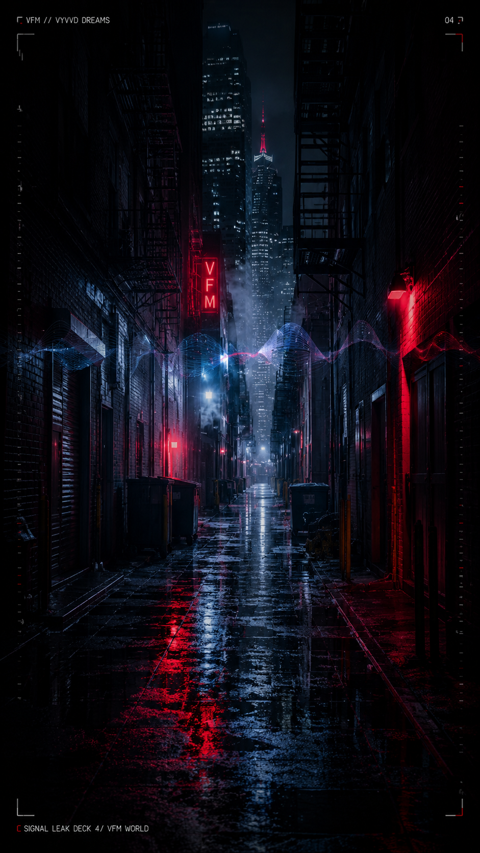Rain-soaked city alley illuminated by red and blue neon light in the VYVYD visual world.
