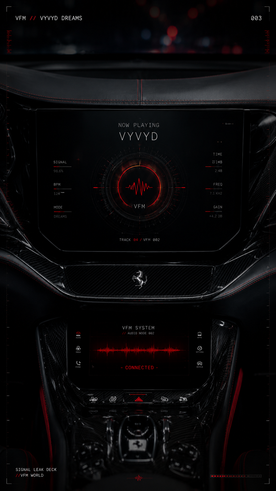 Dark vehicle dashboard illuminated by red signal lighting in the VYVYD visual world.