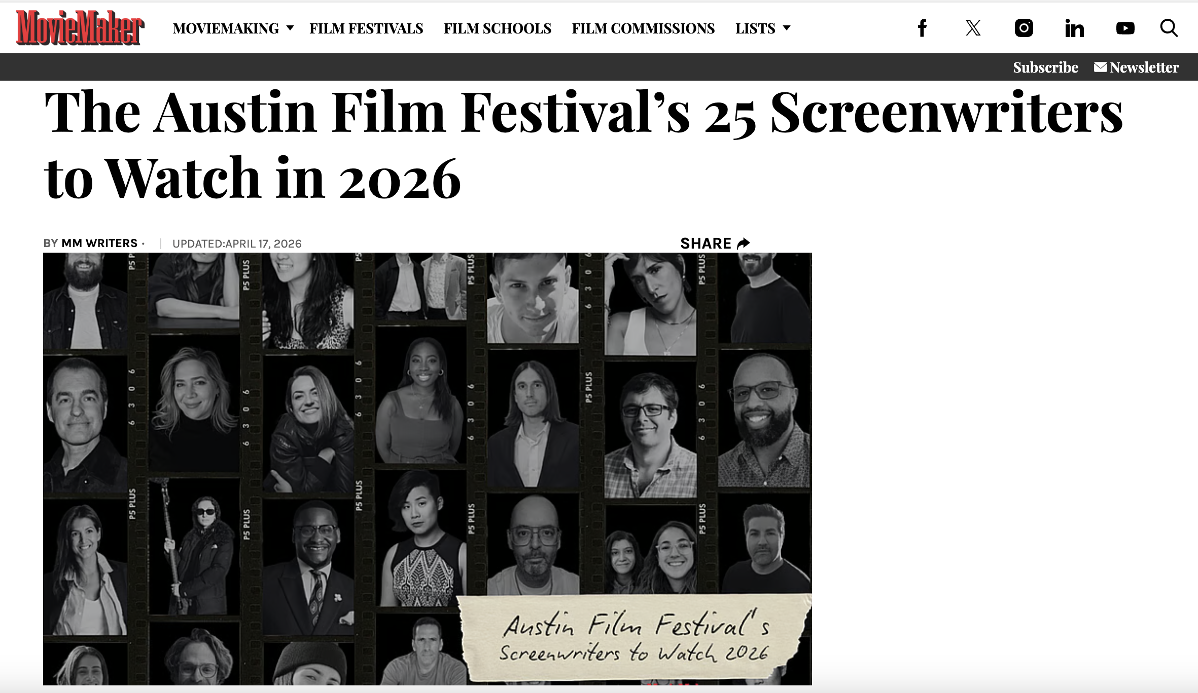 Olivia was just named as one of MovieMaker Mag/Austin Film Fest's "25 Screenwriter's to Watch" for 2026!