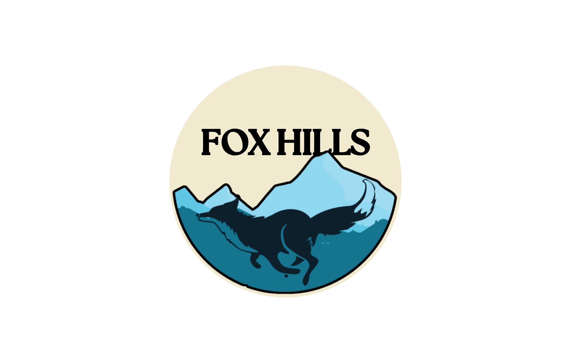 Logo for Fox Hills features stylized mountains, a fox, and the text 'FOX HILLS' in bold black letters.