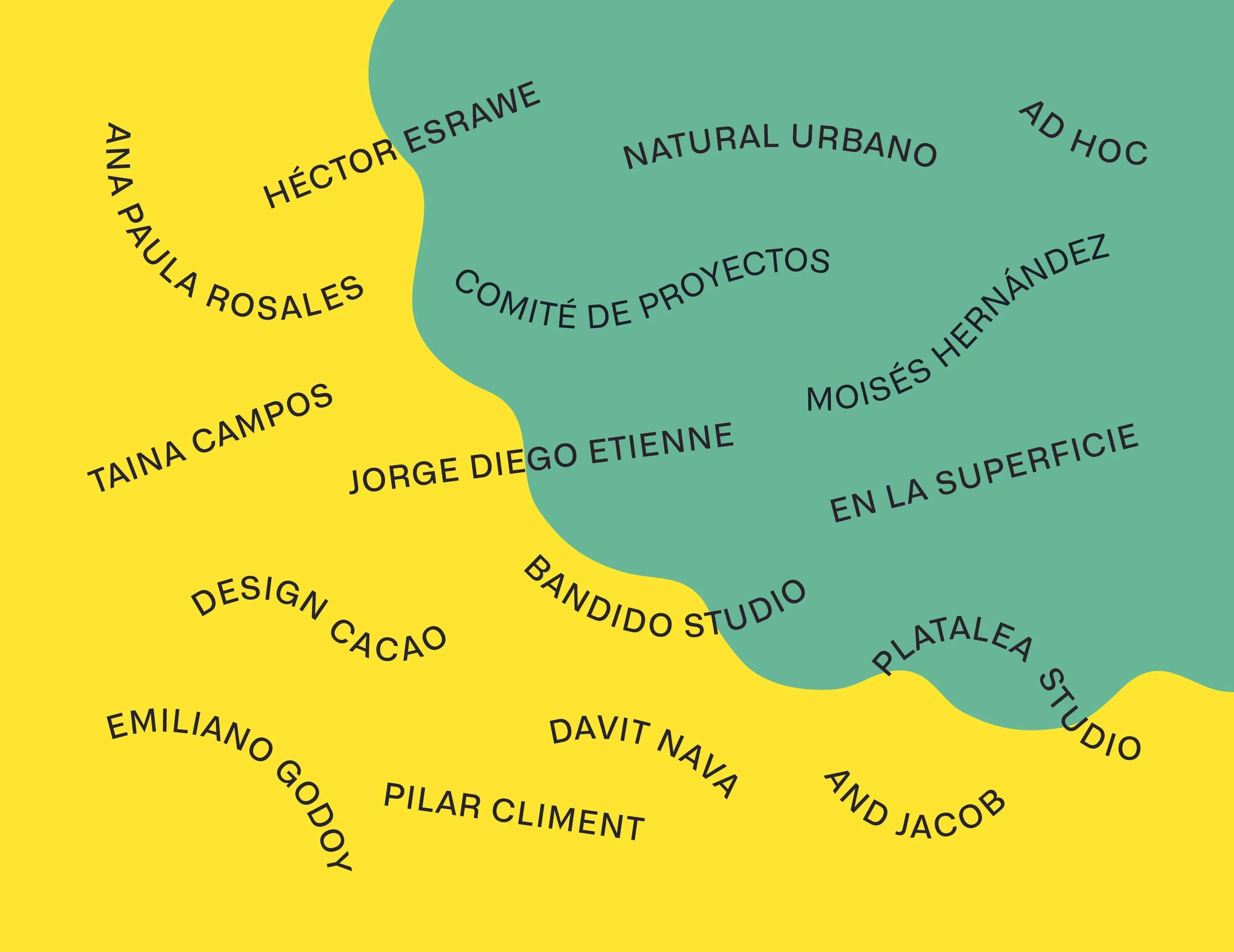 Mapa ilustrado con áreas verdes y amarillas, con nombres y palabras distribuidos en ellas en diferentes posiciones y estilos de letra.