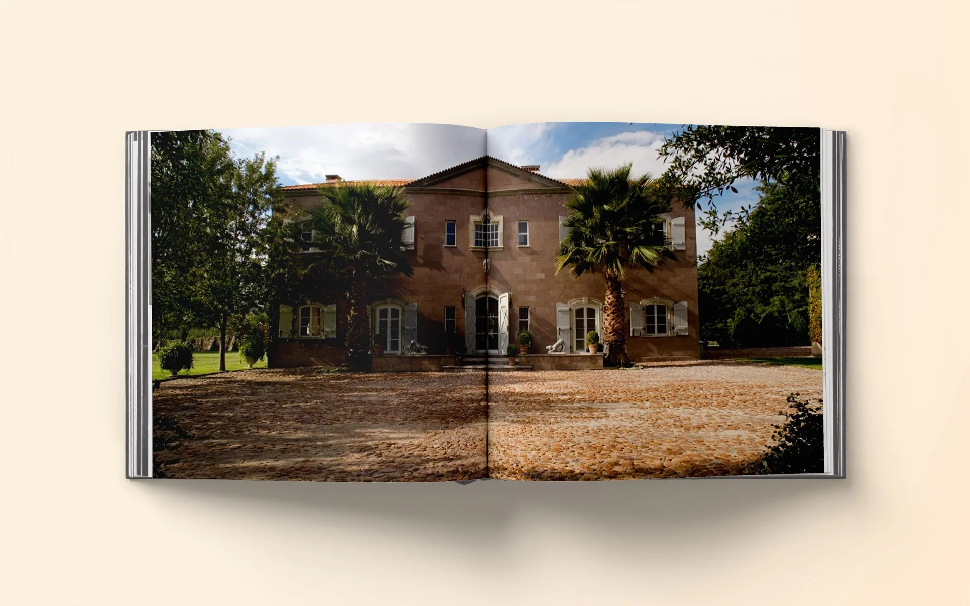 A large, historic brick house with white shutters, multiple windows, and a staircase leading up to the front door, surrounded by palm trees and greenery, under a partly cloudy sky.