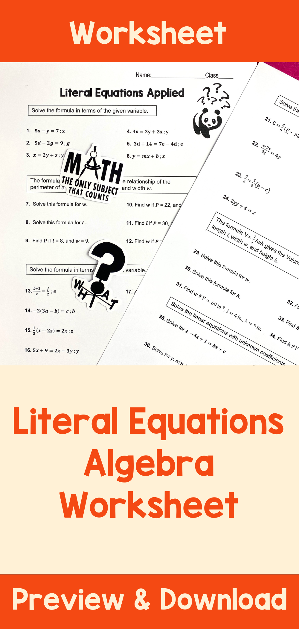 Literal Equations Algebra Worksheet