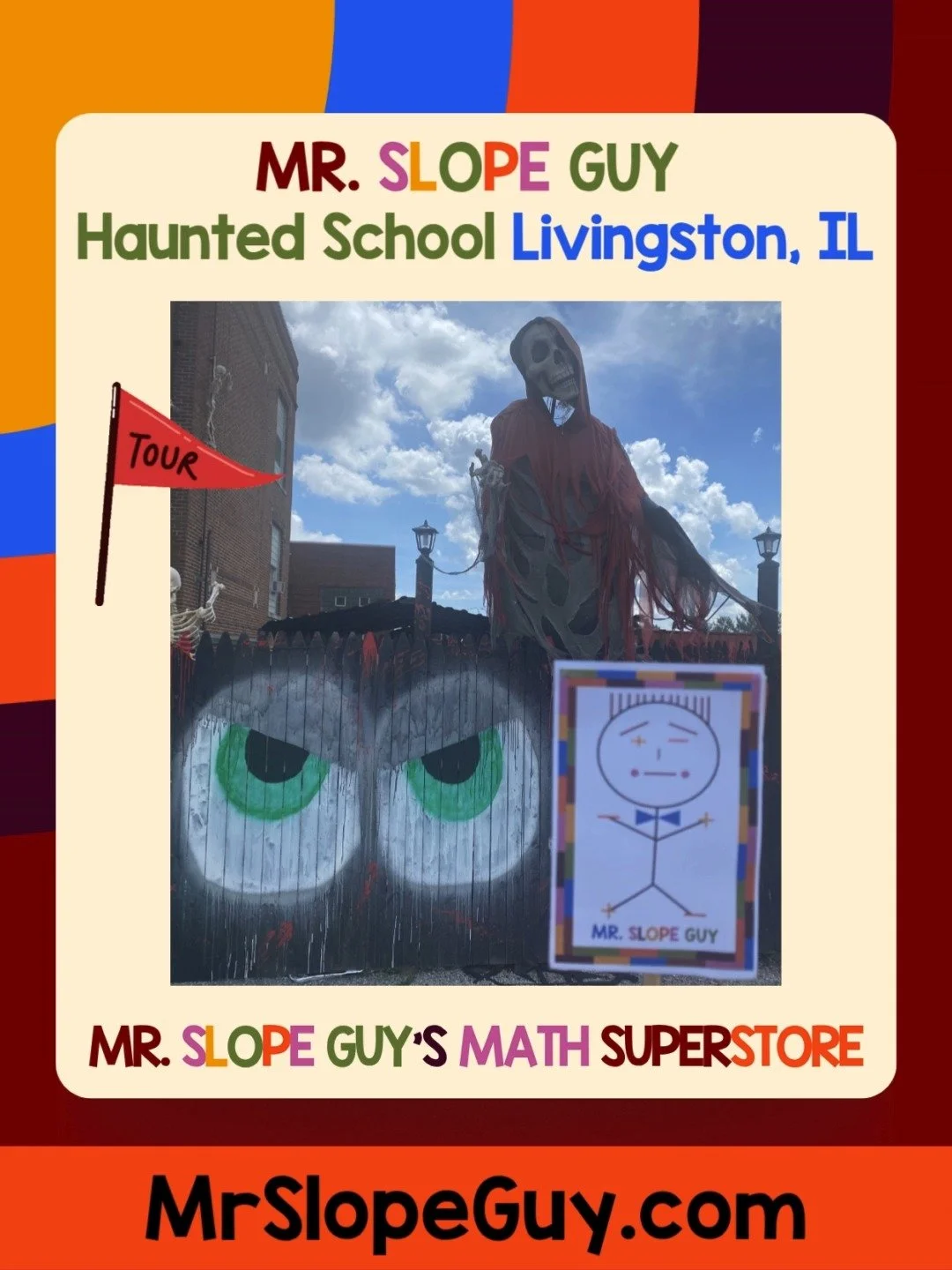 Classroom to Crypt: Mr. Slope Guy’s Field Trip Gone Wrong
Even Mr. Slope Guy couldn’t resist a little haunted math adventure! ๐ป He braved the eerie halls of the Area 66 Haunted School in Livingston, IL—once a real schoolhouse, now