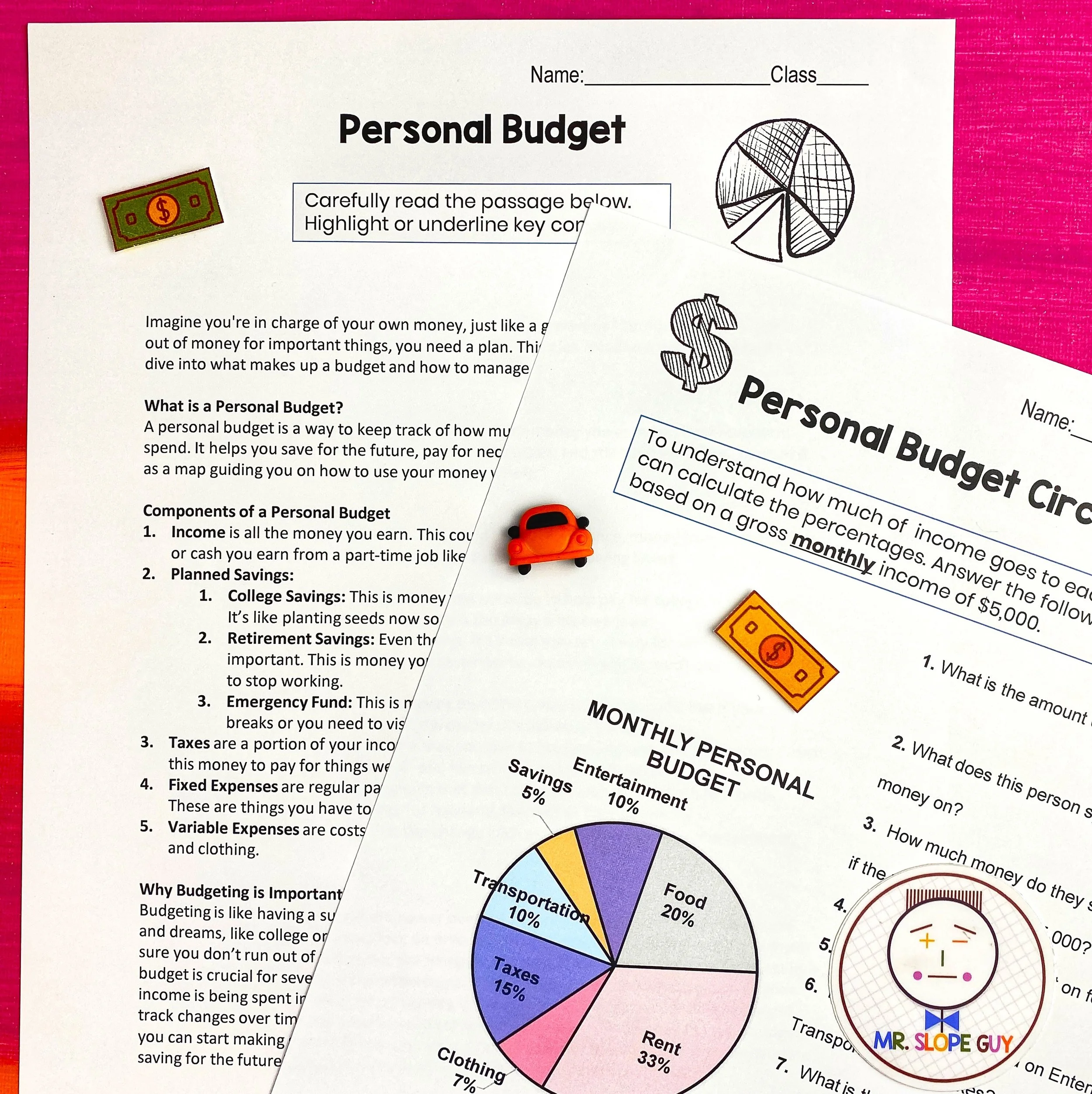 Printed educational material about personal budgeting with illustrations including a pie chart and images of money, featuring colorful graphics and text.