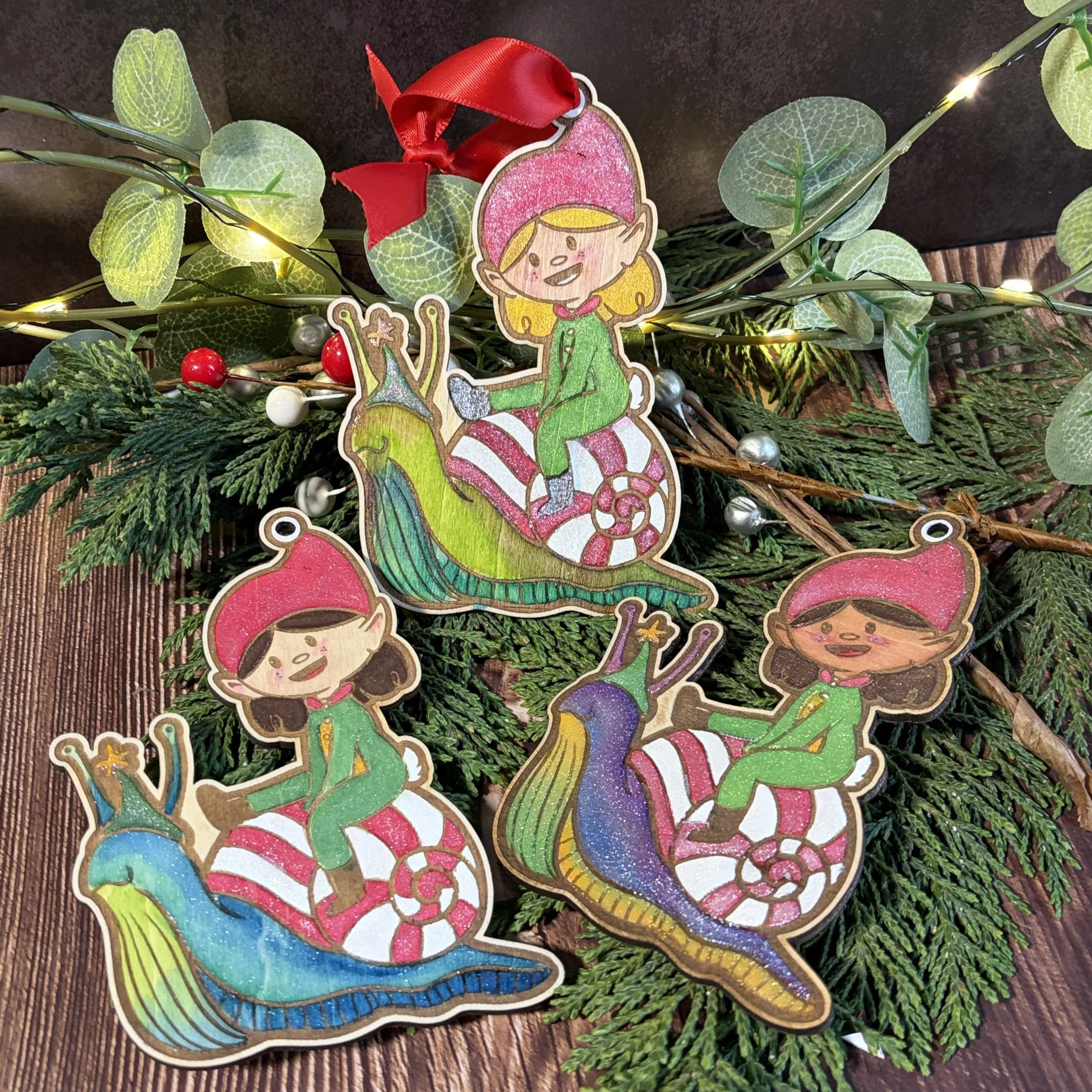 Customizable Woodland Elf Girl and Candy Snail ornament