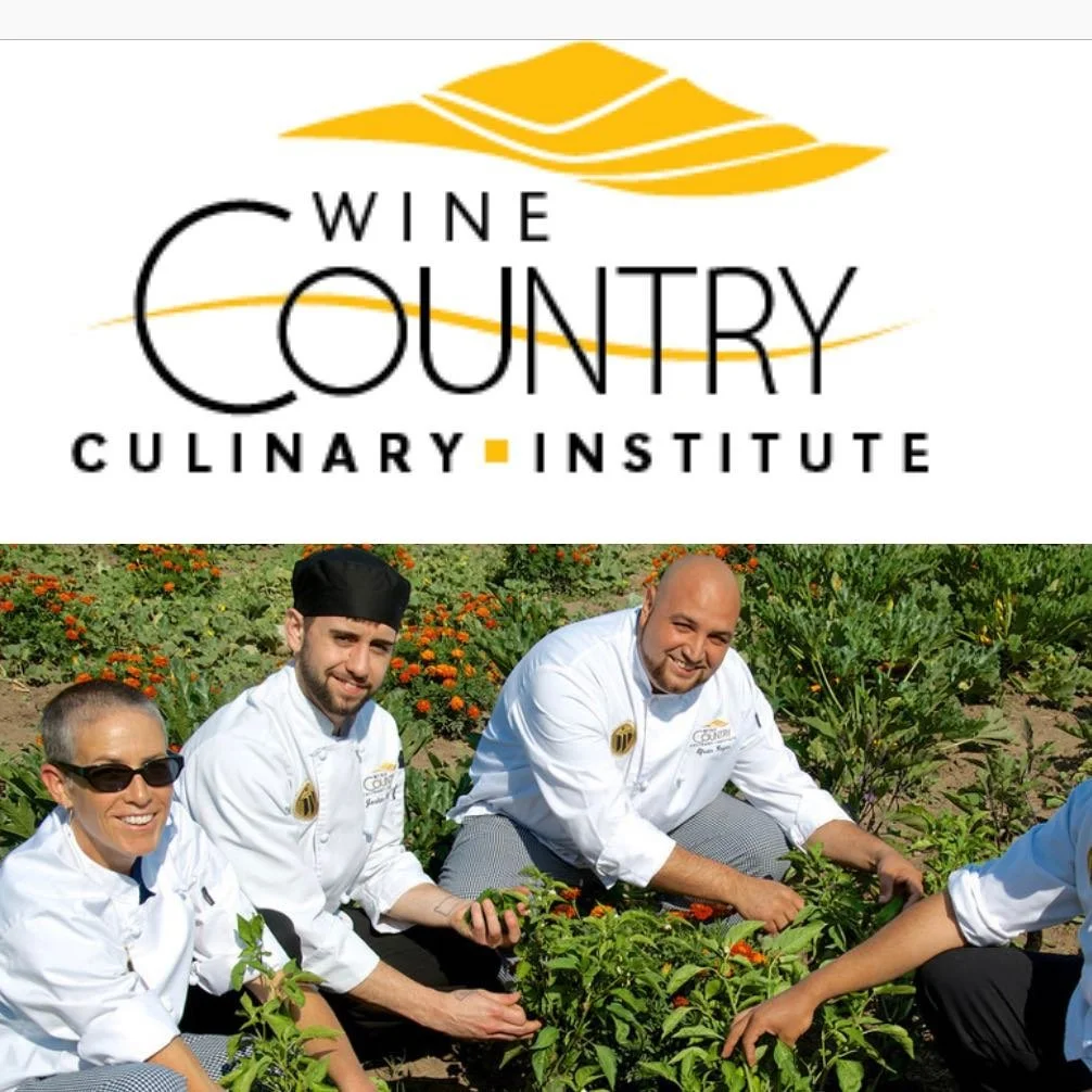 People in chef's uniforms kneeling by tomato plants in the sun 