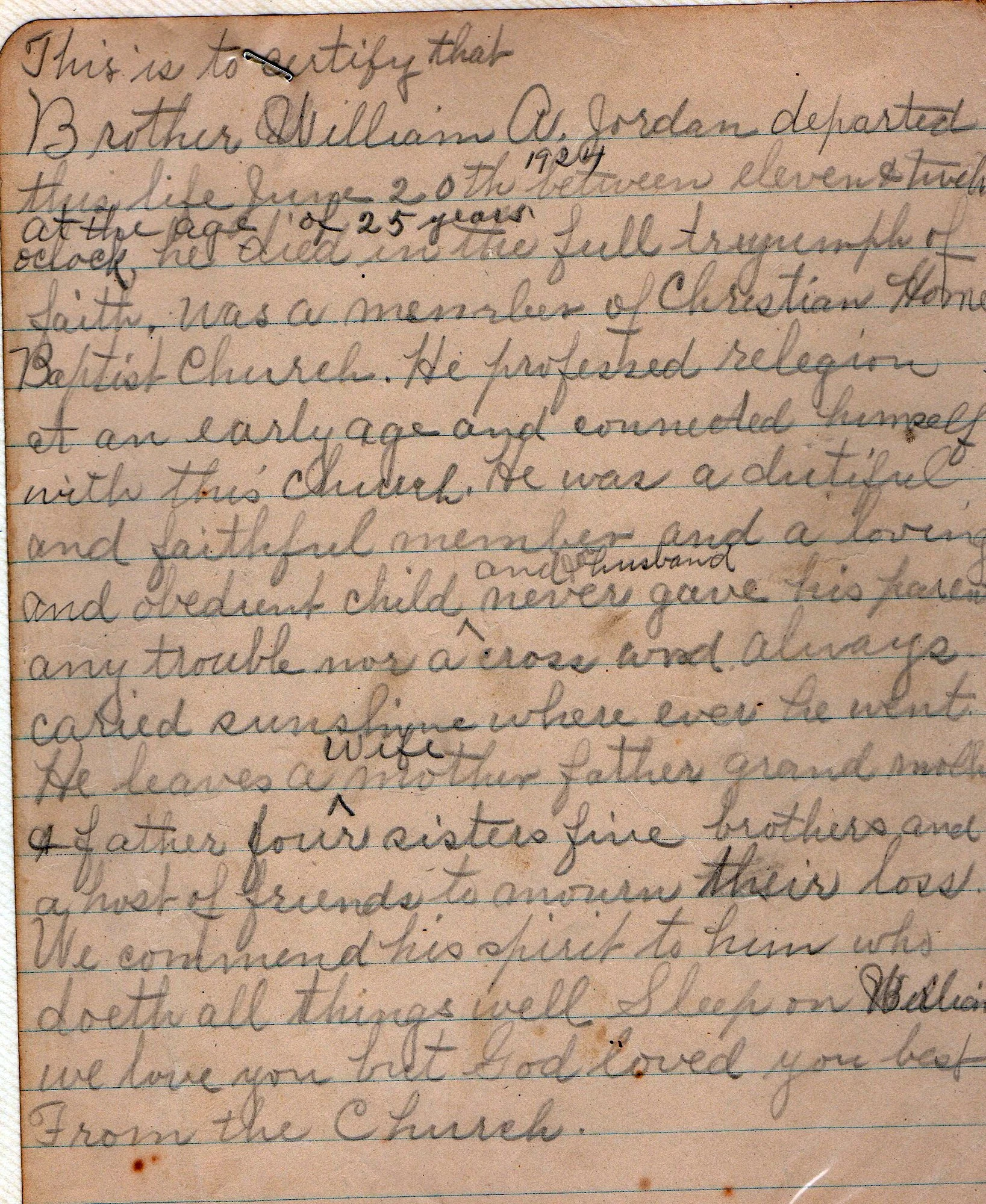 Hand written obituary for William A. Jordan 6-20-1924  Dolly Williams collection 