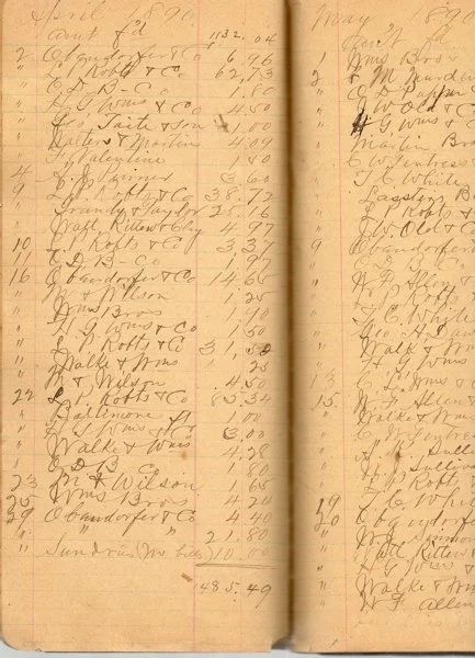 Johnson's Store ledger page - 1890