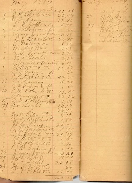 Johnson's Store ledger page - 1889