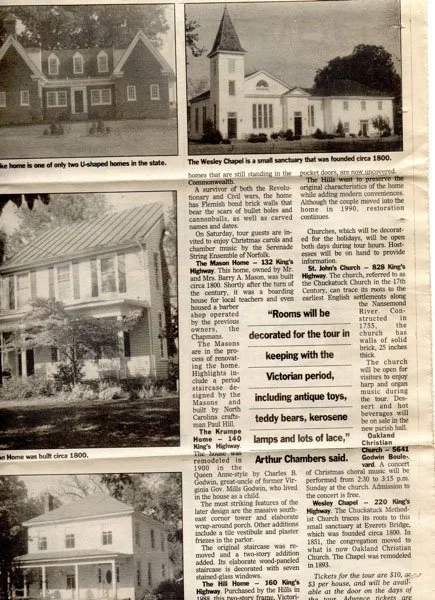  1993 article about NSHS tour in Chuckatuck showing pictures of Pembroke, Wesley Chapel, Chapman and Gilliam homes  Norfolk Va. Pilot 