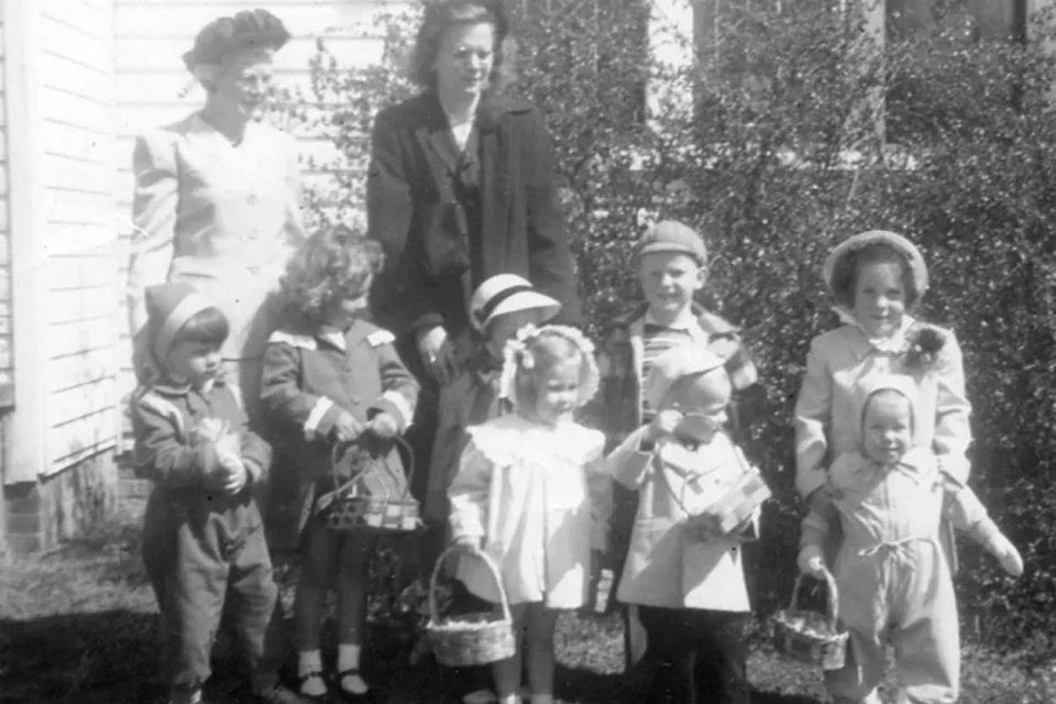  Easter egg hunt at Wesley Chapel Methodist Church Mrs. Dot Gilliam and Emma Mae Kelly Front row -  Second row -                                                                                    Dwight Bradshaw, Edna Brooks Saunders   