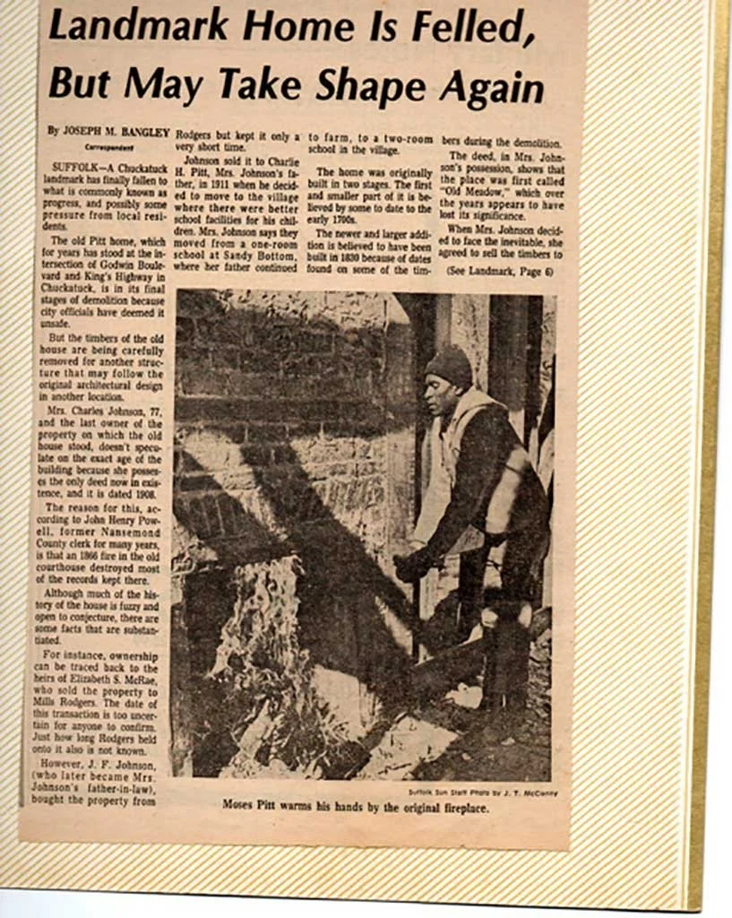  Article on Pitt house being moved - 1971  Contributed by Charles C. Johnson, III 