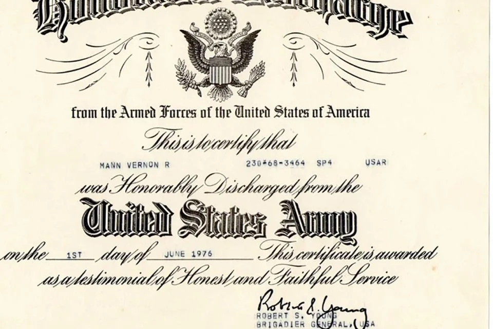  United States Army discharge paper for Vernon Mann - 1976   Ida Mann photo   