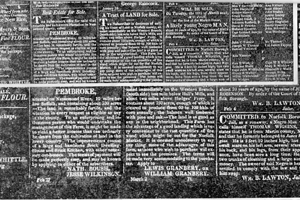  1818 newspaper ads for property for sale - Pembroke Plantation listed  Cox family photo 