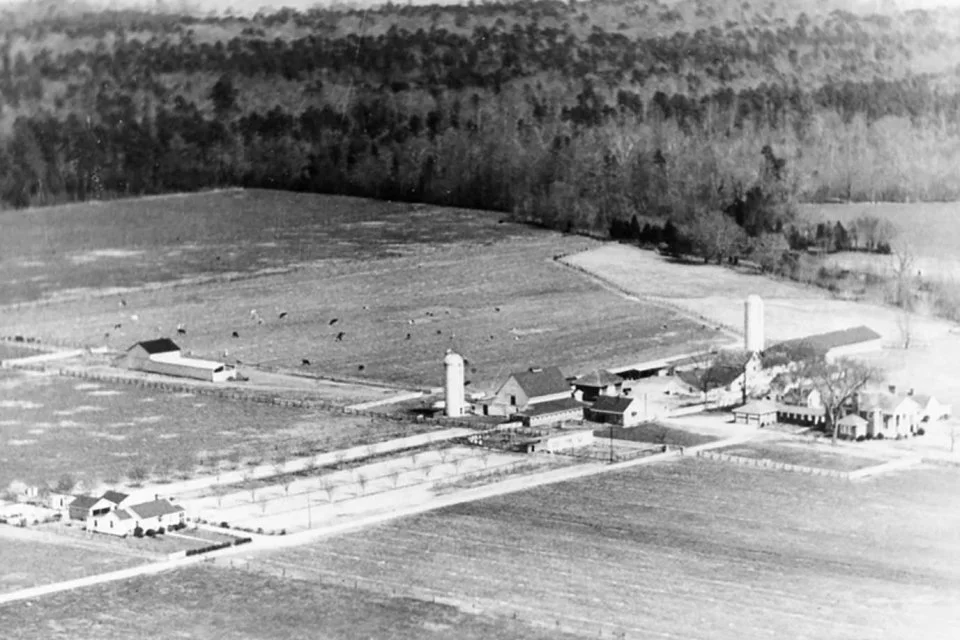  Meadowbrook Farm from the air. Nansemond River is visible in the background.  Saunders family photo 