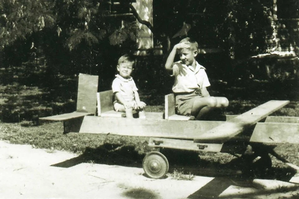  Harvey Saunders giving his brother Jerry a ride on his homemade air plane.  Harvey Saunders photo 