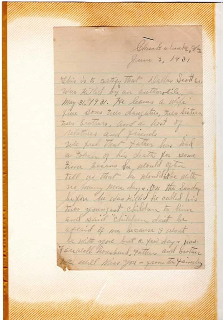  Hand written obituary for Dallas Scott, Sr. - 6-3-1931  Do;;y Williams photo 