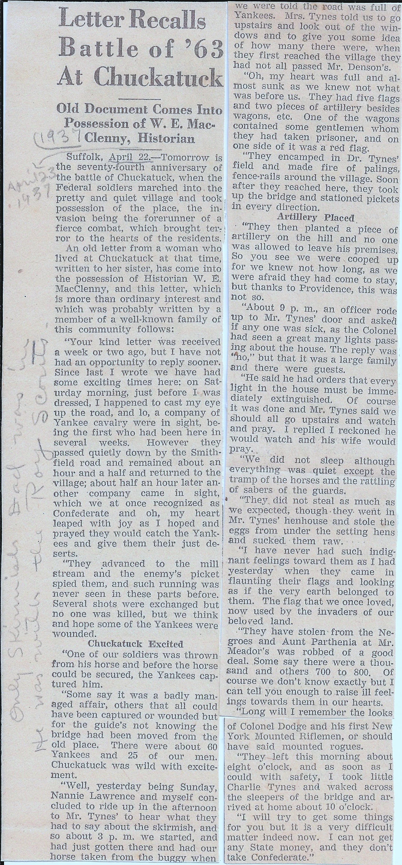 1863 Letter related to yankees’ visit to Chuckatuck 