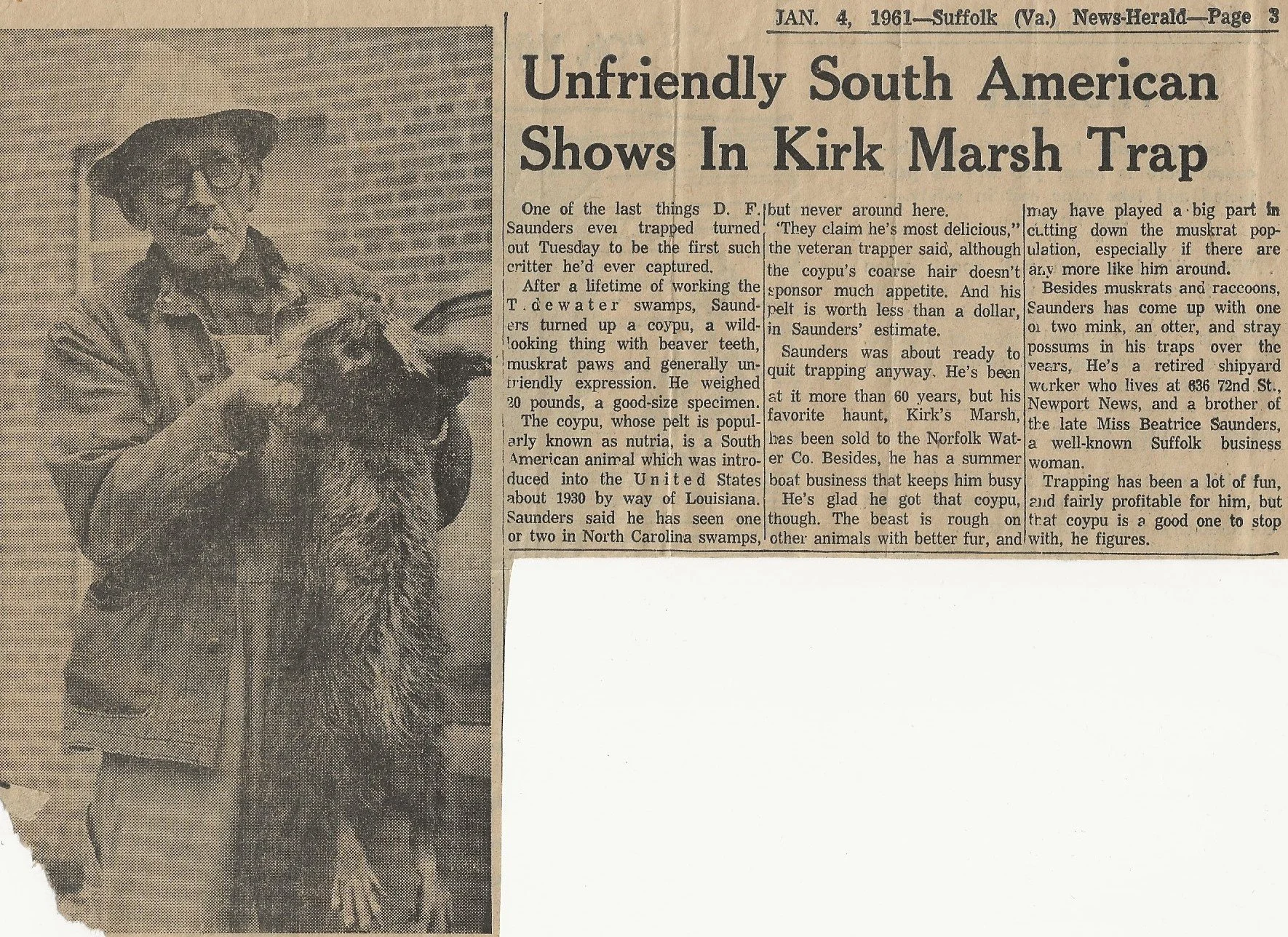  Newspaper article featuring Dudley F. Saunders. 1961  Kirk family collection 