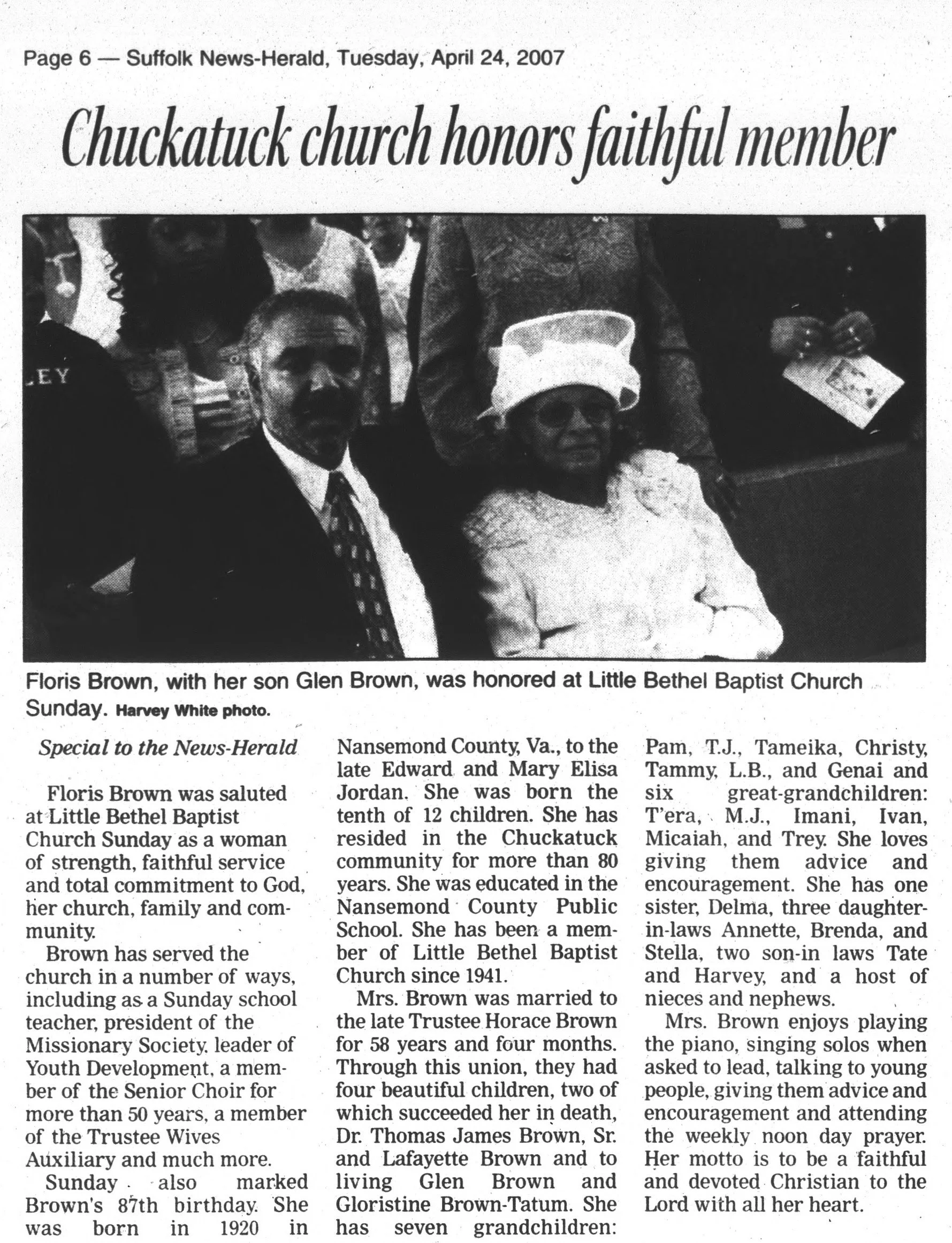 Chuckatuck church honors faithful member