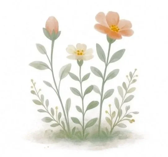 Watercolor illustration of three flowers with green leaves and small plants in the background.