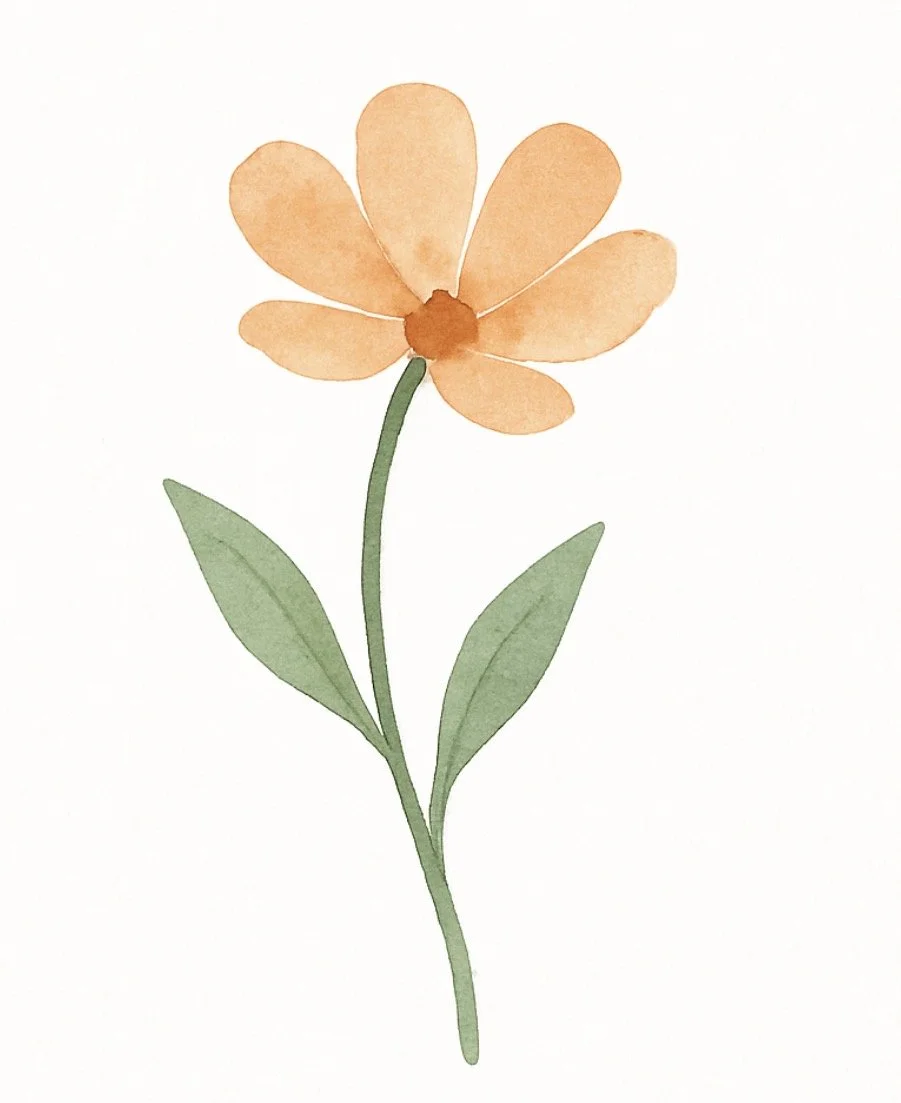 Watercolor painting of a single orange flower with green leaves and a green stem on a white background.
