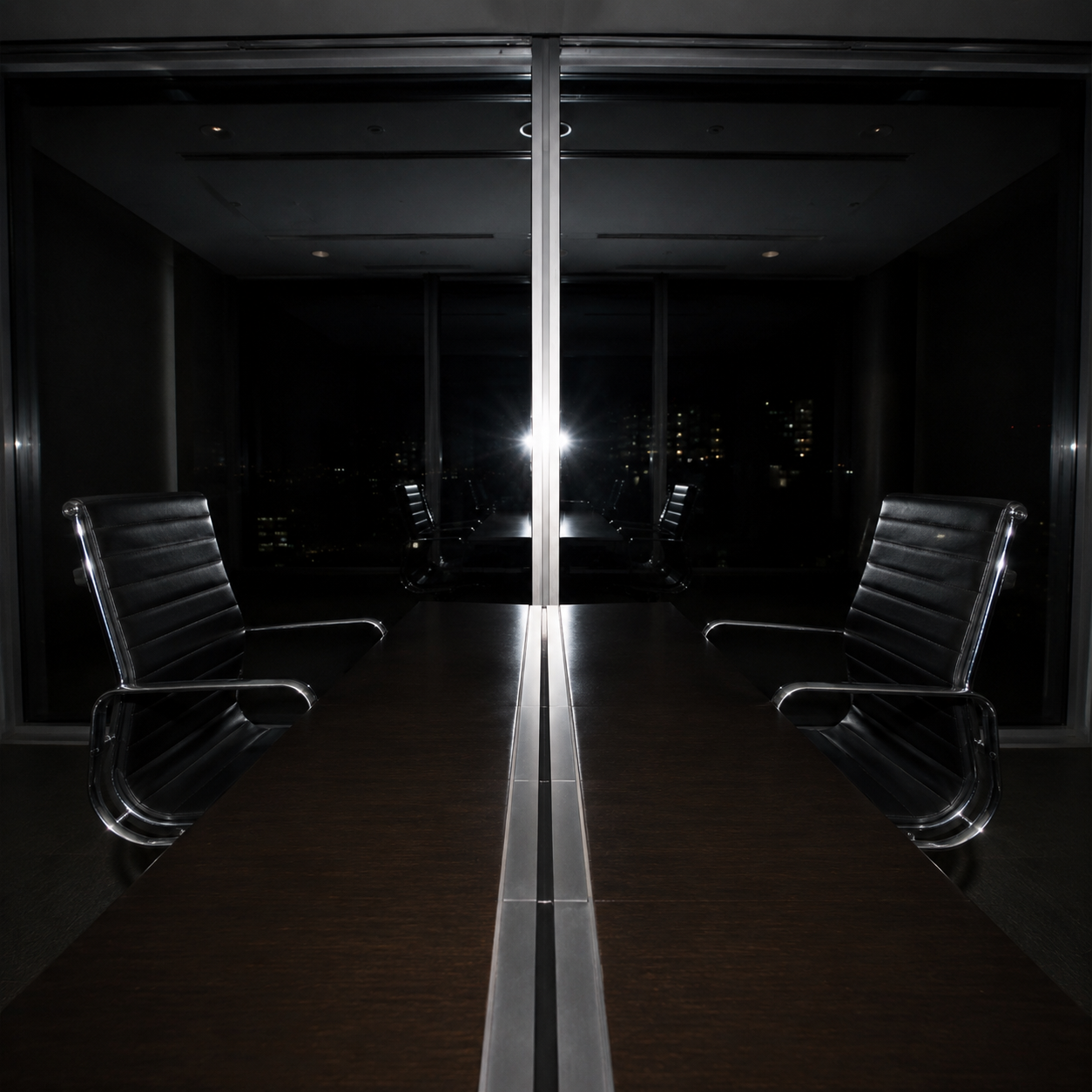 Empty conference room with a long wooden table and black leather chairs, viewed through glass doors at night with city lights visible outside.