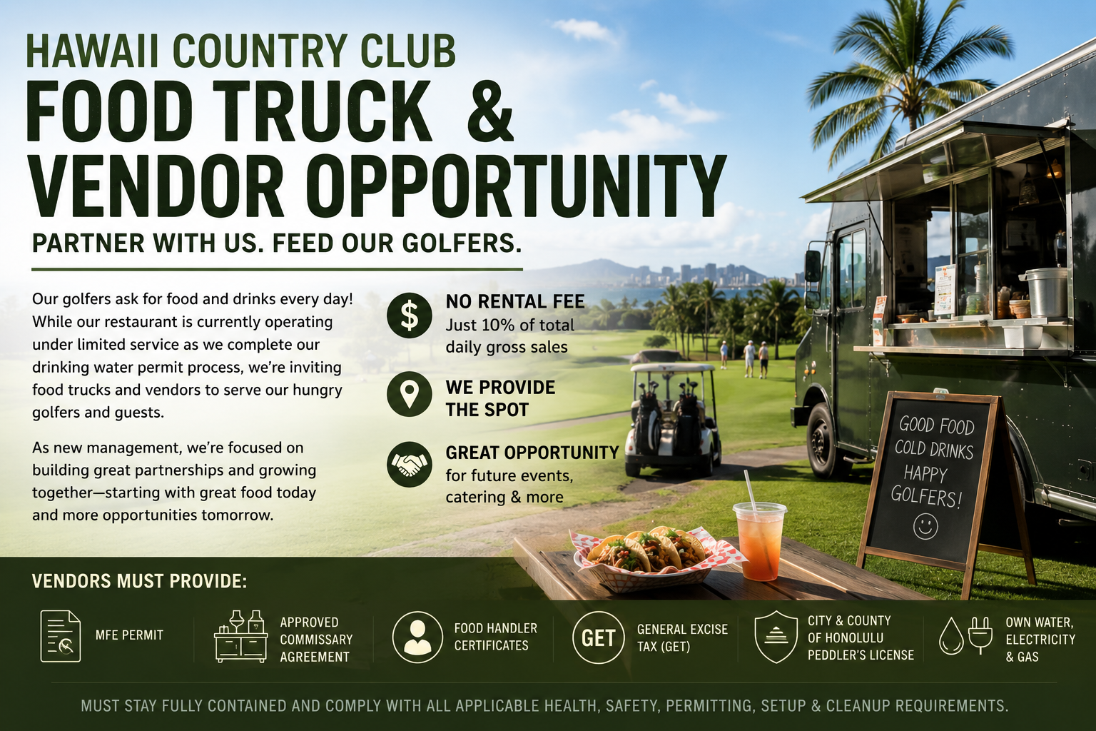 A promotional flyer for the Hawaii Country Club food truck and vendor opportunity. Features a golf course with palm trees and a city skyline in the background. Shows a black food truck, a chalkboard sign, a table with food and a drink, and informational text about partnership benefits and requirements.