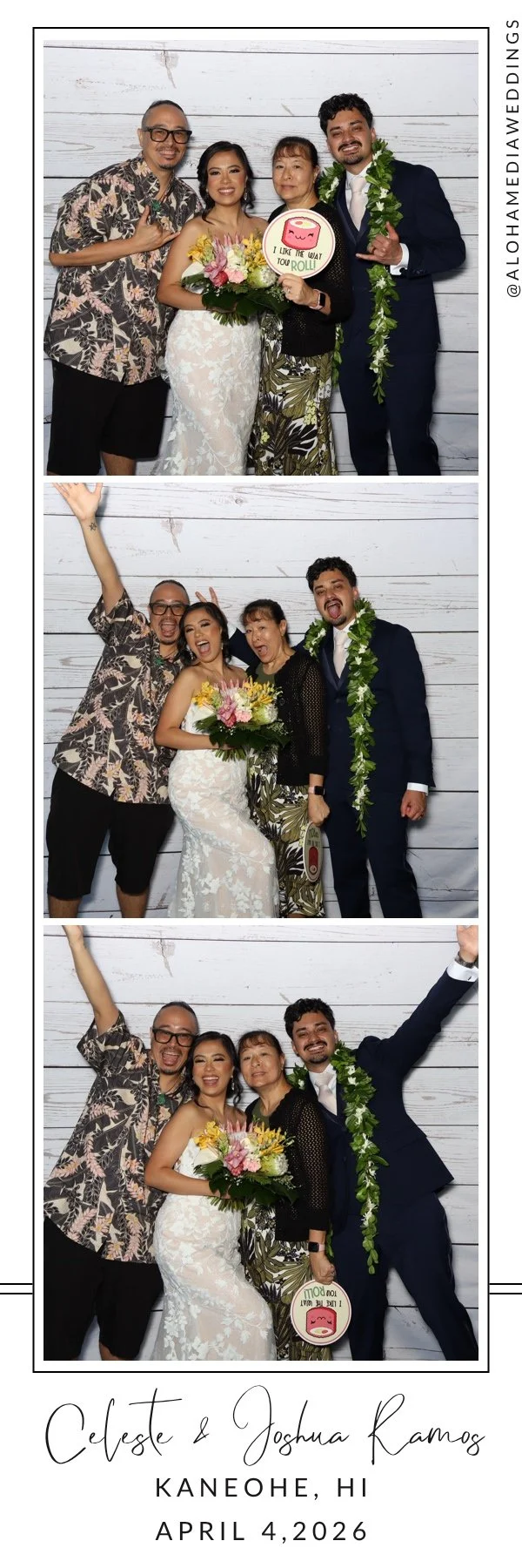 Photo booth pictures from a wedding celebration with four people. The bride wears a white lace dress and holds a bouquet; the groom is in a dark suit with a green lei. They celebrate with two other women dressed in black and a patterned skirt, all smiling and making playful gestures against a white wooden background. The bottom has text displaying names, location, and date of the wedding.