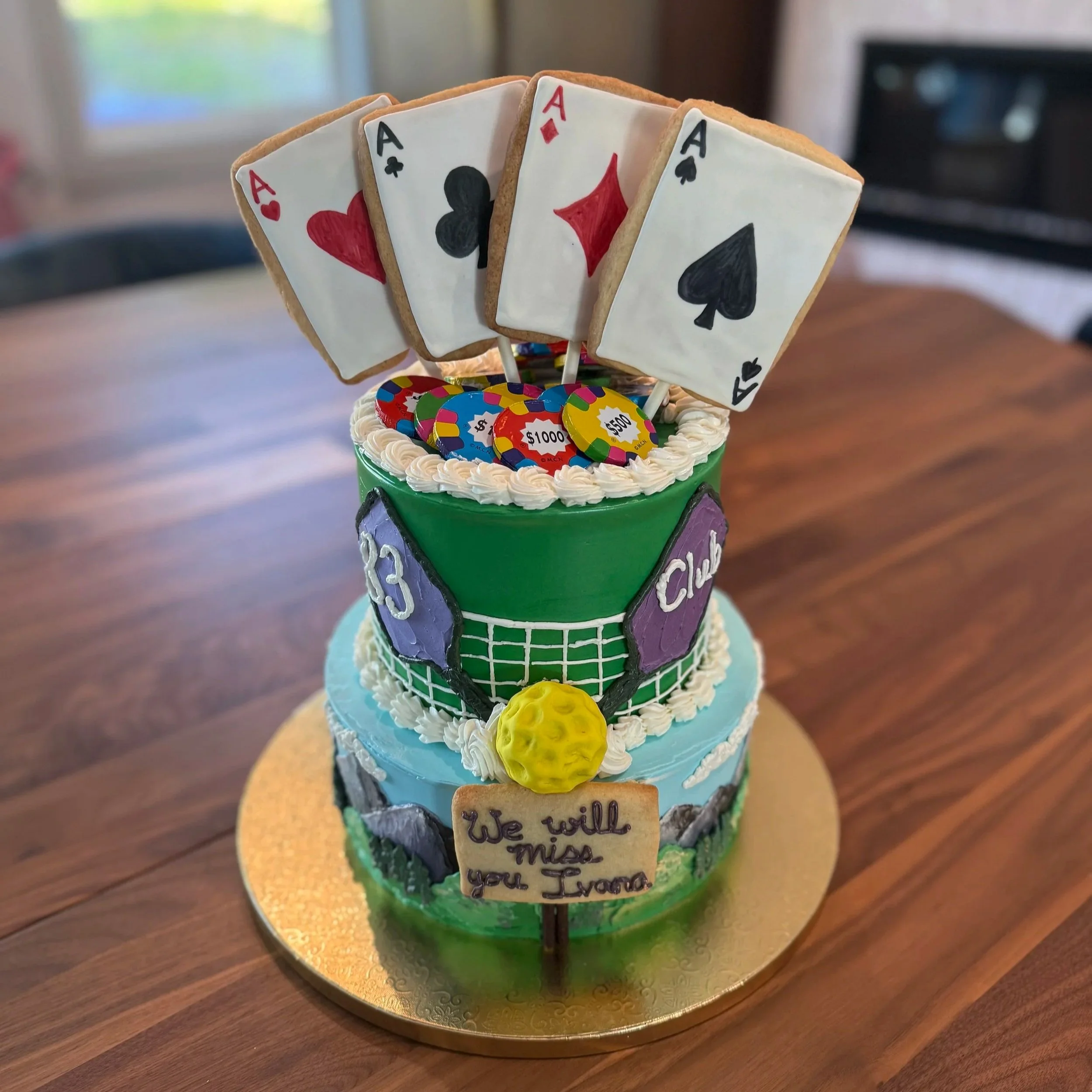 custom hobbies cake - poker, pickleball, hiking