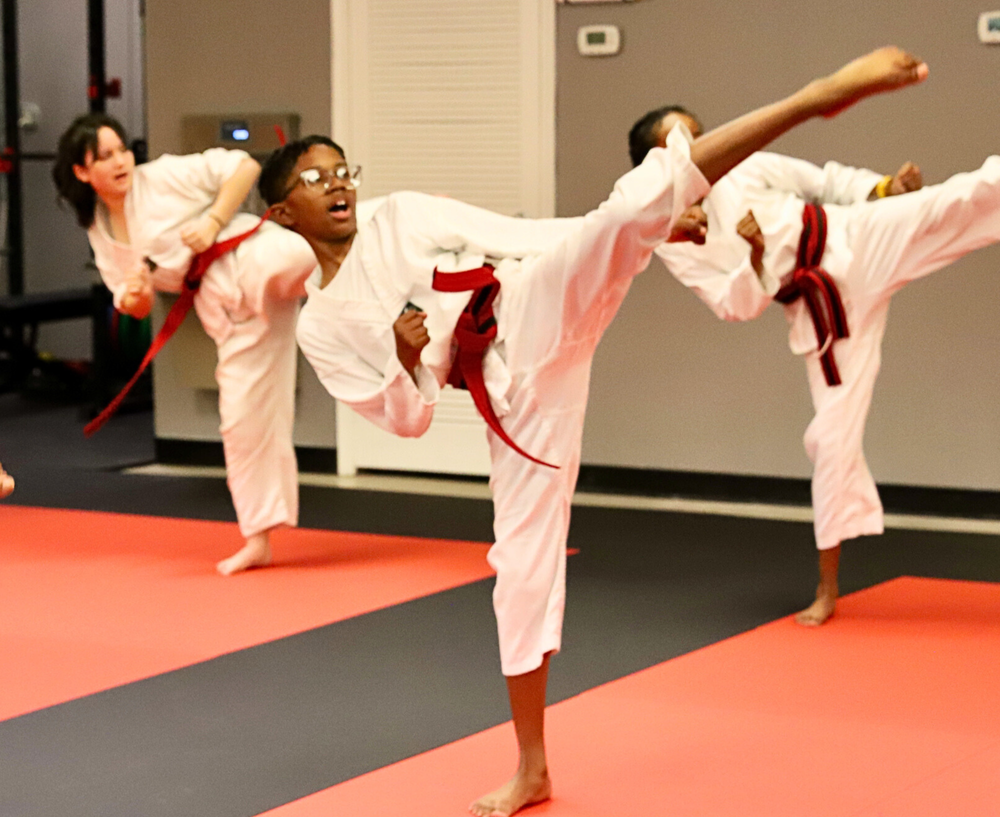 Intermediate martial arts students performing high kicks at Legacy Martial Arts Silver Spring MD