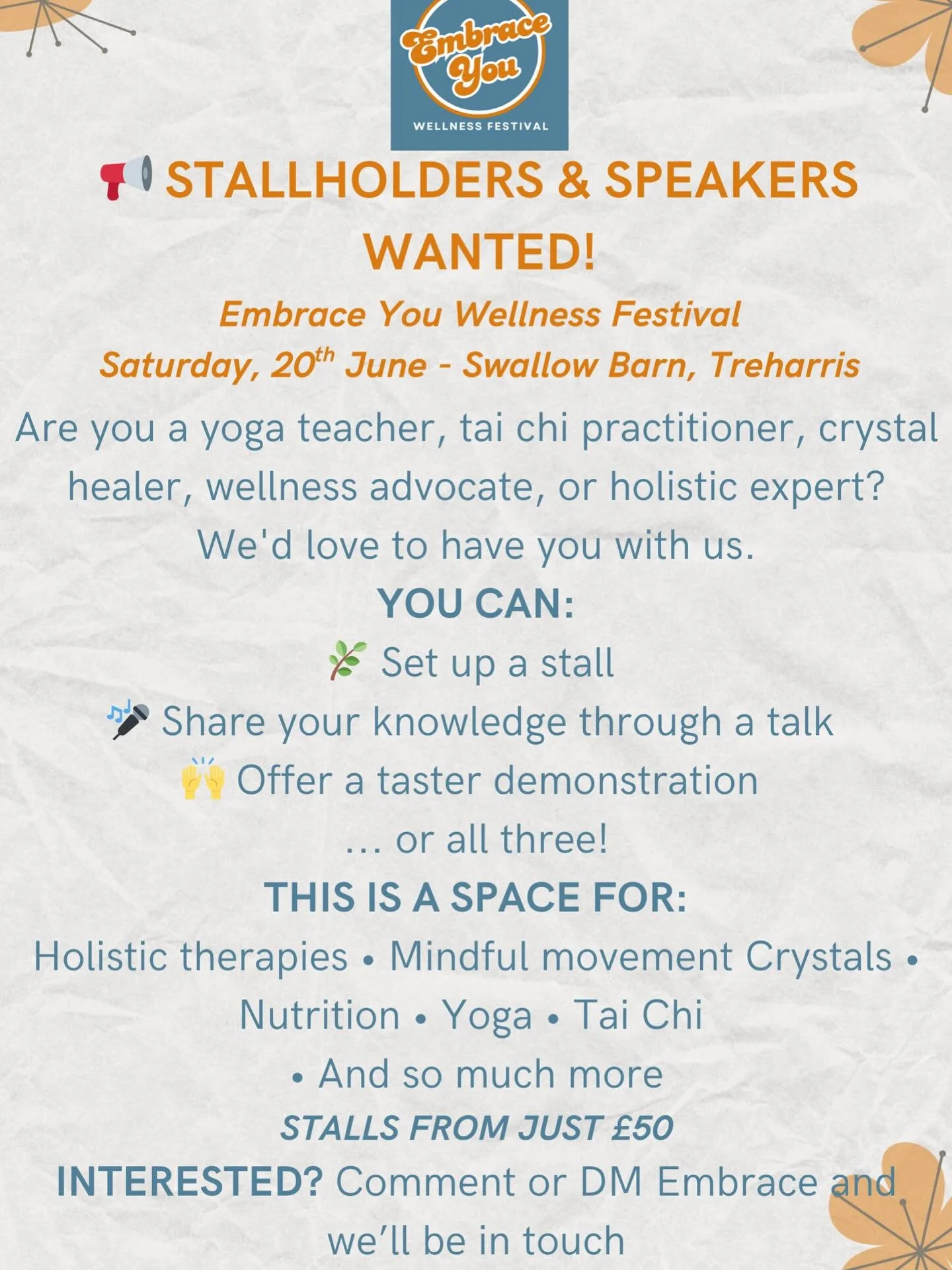📢 STALLHOLDERS &amp; SPEAKERS WANTED!

Are you a wellness expert, holistic practitioner, or conscious creator? The Embrace You Wellness Festival wants YOU.

We&rsquo;re building a day full of inspiration, connection, and real wellbeing &mdash; and w
