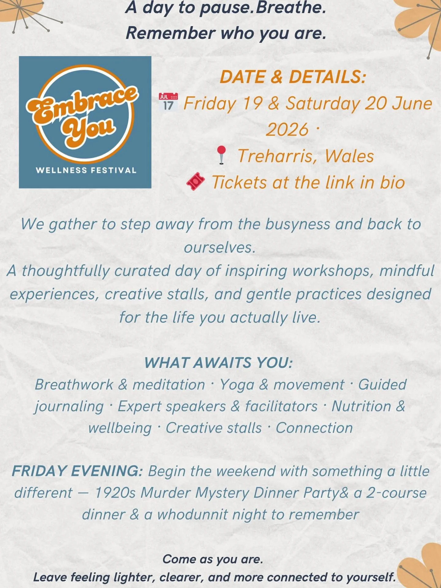 The Embrace You Wellness Festival is a day designed around you. 
Not the performing version. 
Not the polished one. 
Just you &mdash; exactly as you are right now.

A full day of breathwork, movement, guided journaling, inspiring speakers, creative s