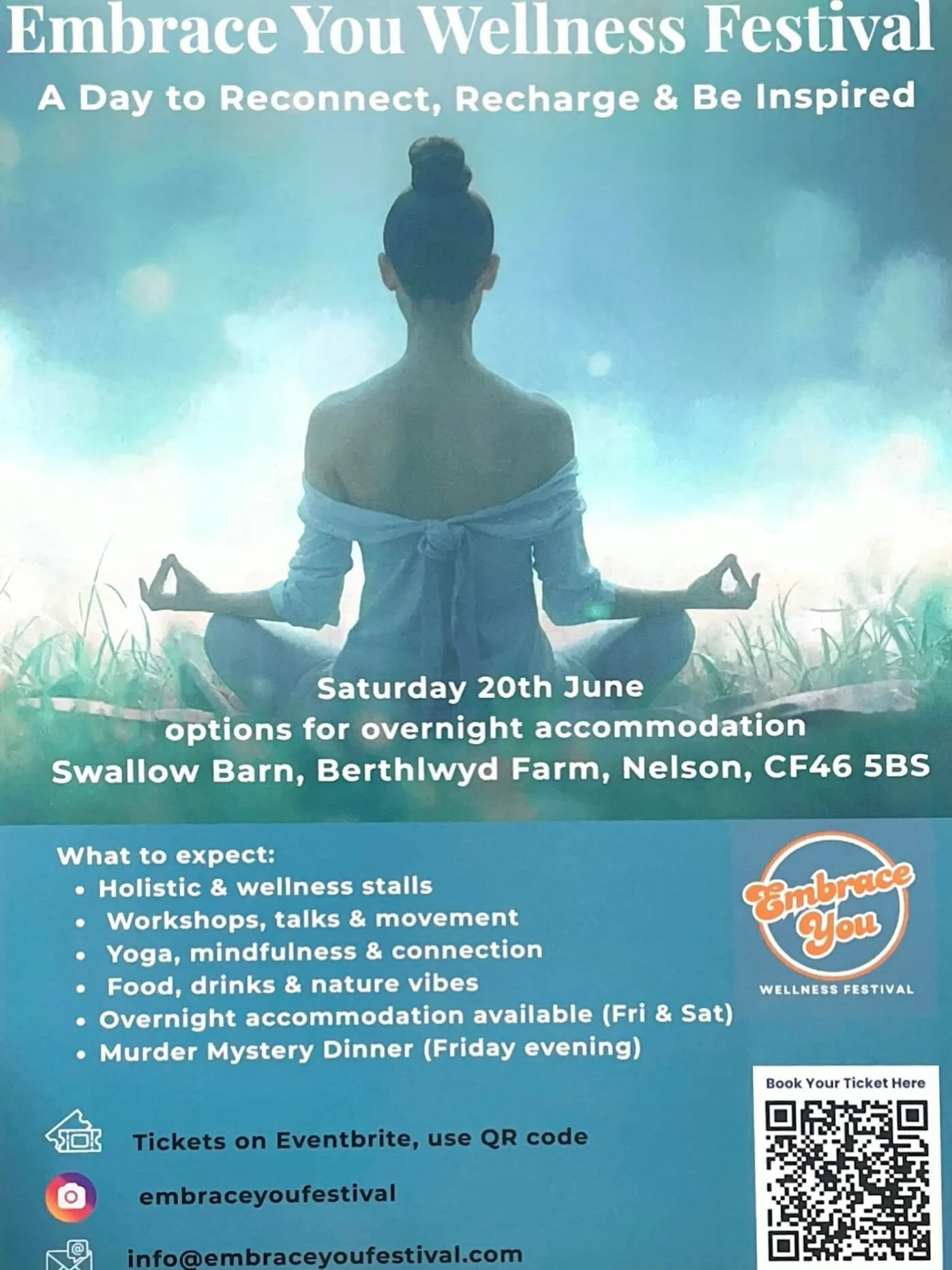 The Embrace You Wellness Festival is a day designed around you. Not the performing version. Not the polished one. 
Just you - exactly as you are right now.

A full day of breathwork, movement, guided journaling, inspiring speakers, creative stalls, a