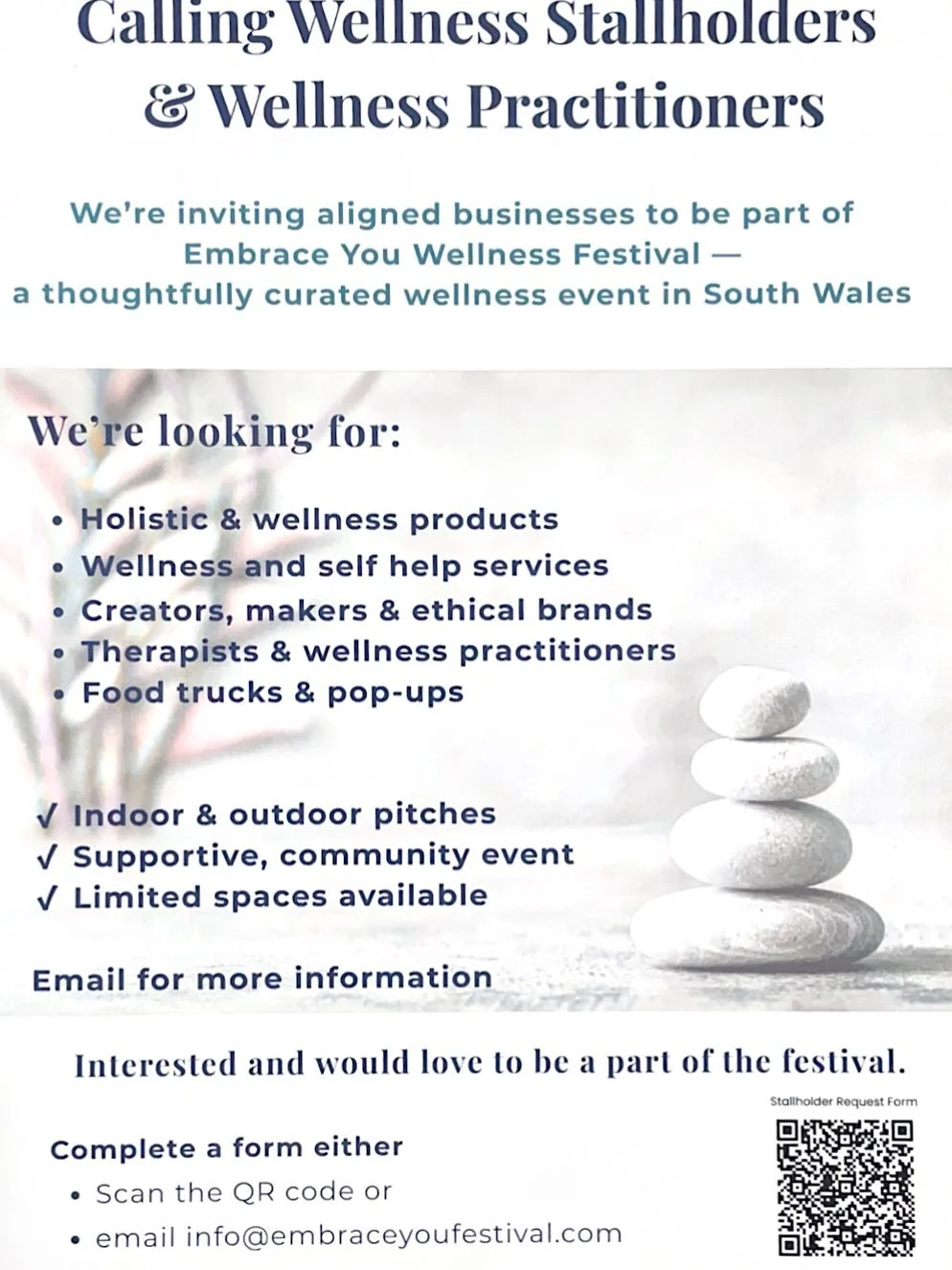 📢 STALLHOLDERS &amp; SPEAKERS WANTED!

Are you a wellness expert, holistic practitioner, or conscious creator? The Embrace You Wellness Festival wants YOU.

We&rsquo;re building a day full of inspiration, connection, and real wellbeing &mdash; and w