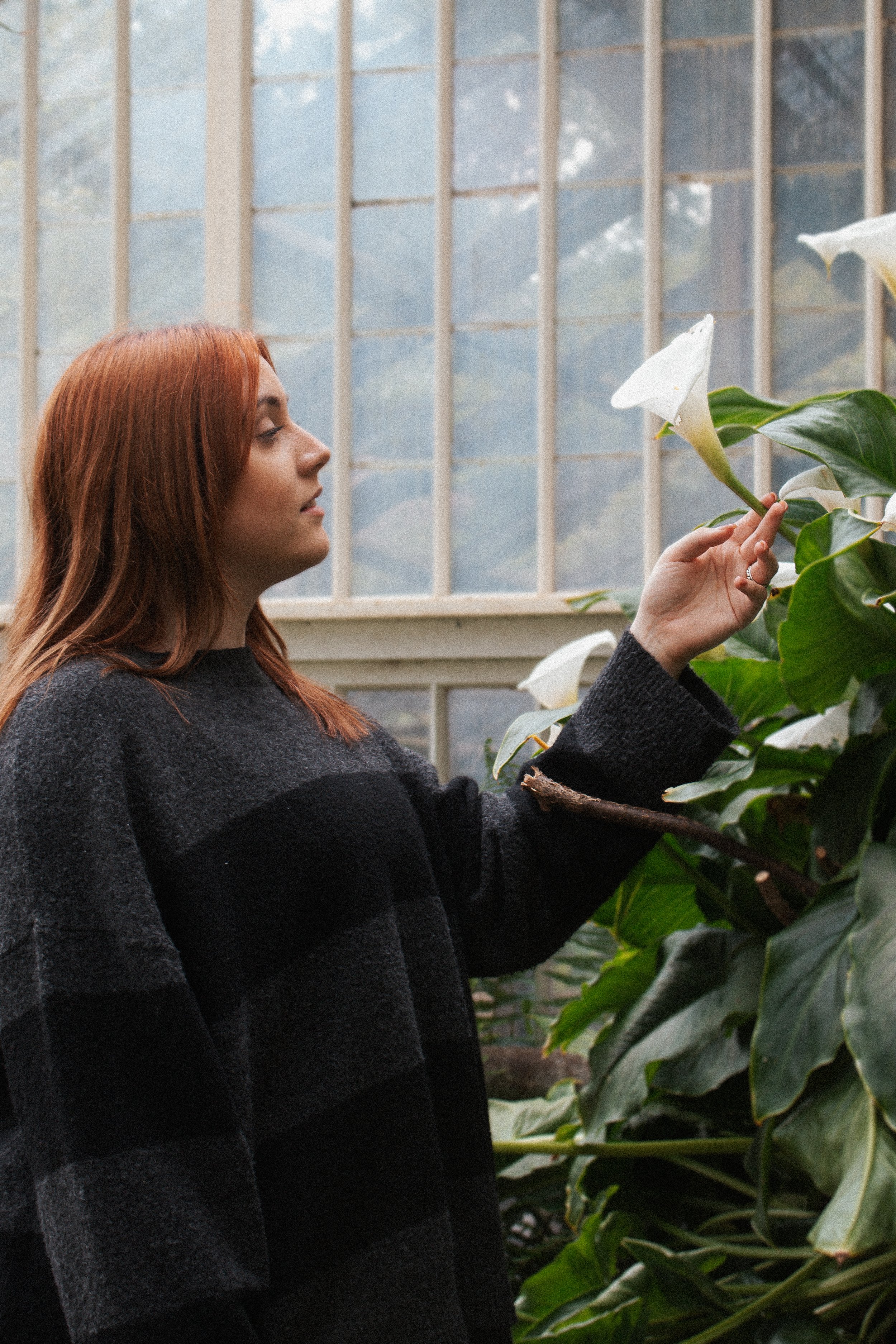 A woman with red hair in a black sweater touches a white flower in a greenhouse.