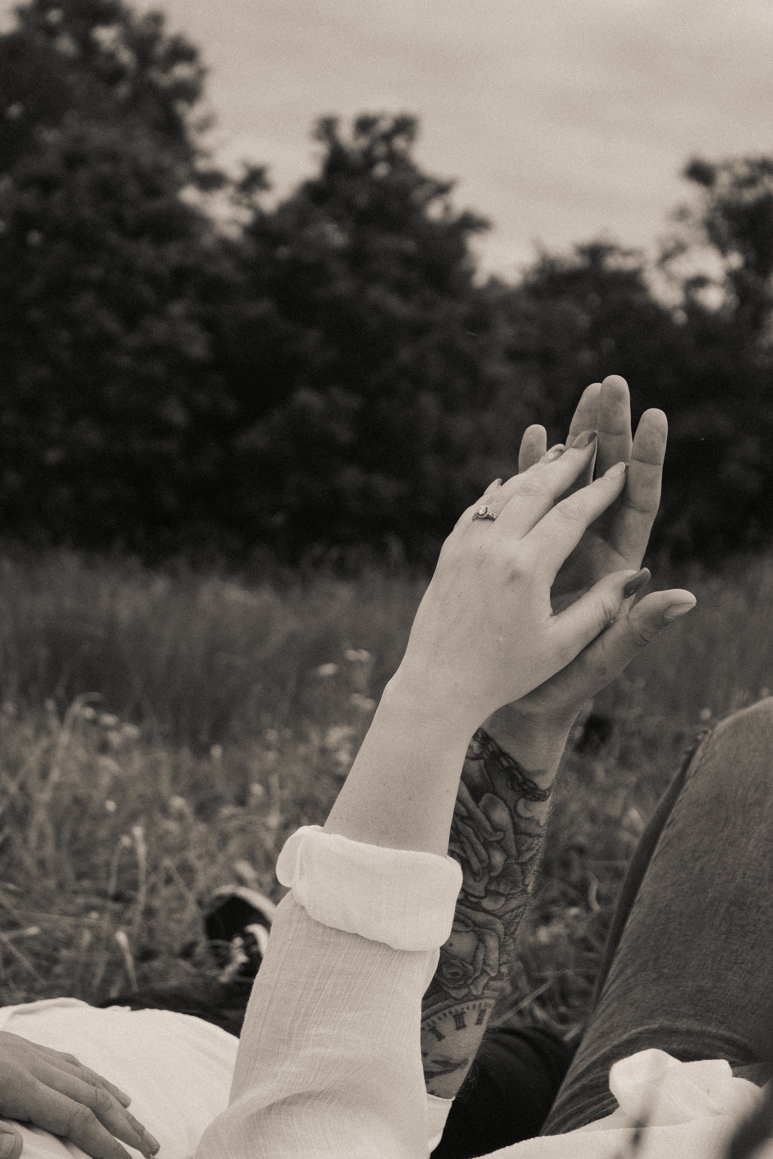 Two hands, one tattooed, are holding each other outdoors during daytime, with trees in the background.