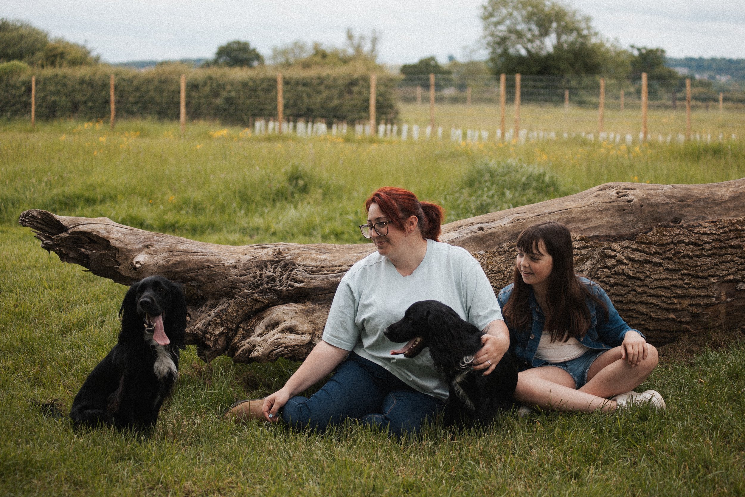 A woman and girl sitting on grass with two black dogs near a large fallen tree in a green field.