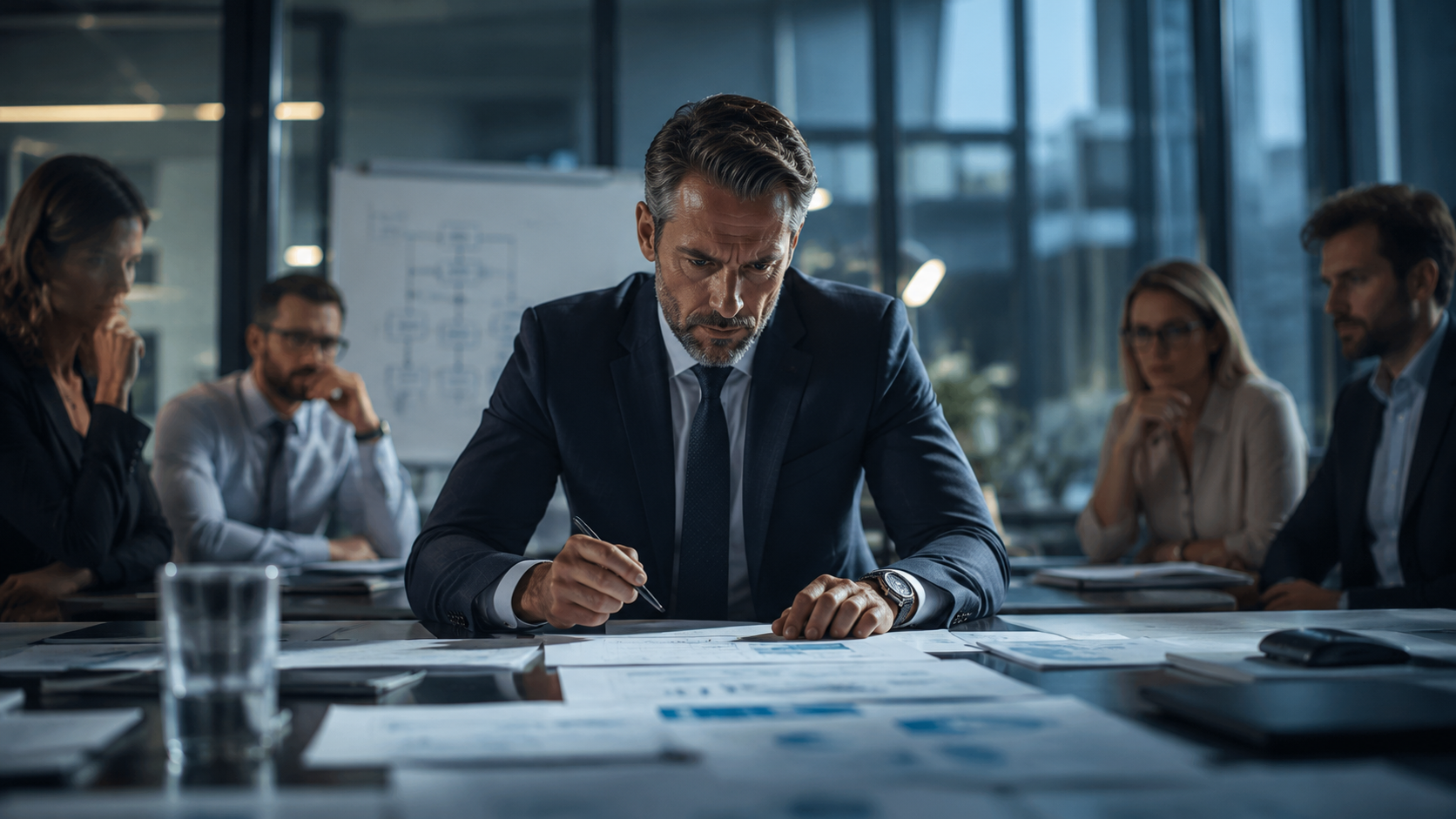 Business reorganization consultant leading a high-pressure executive meeting, reviewing company structure, leadership decisions, sales performance, and operational strategy for business growth