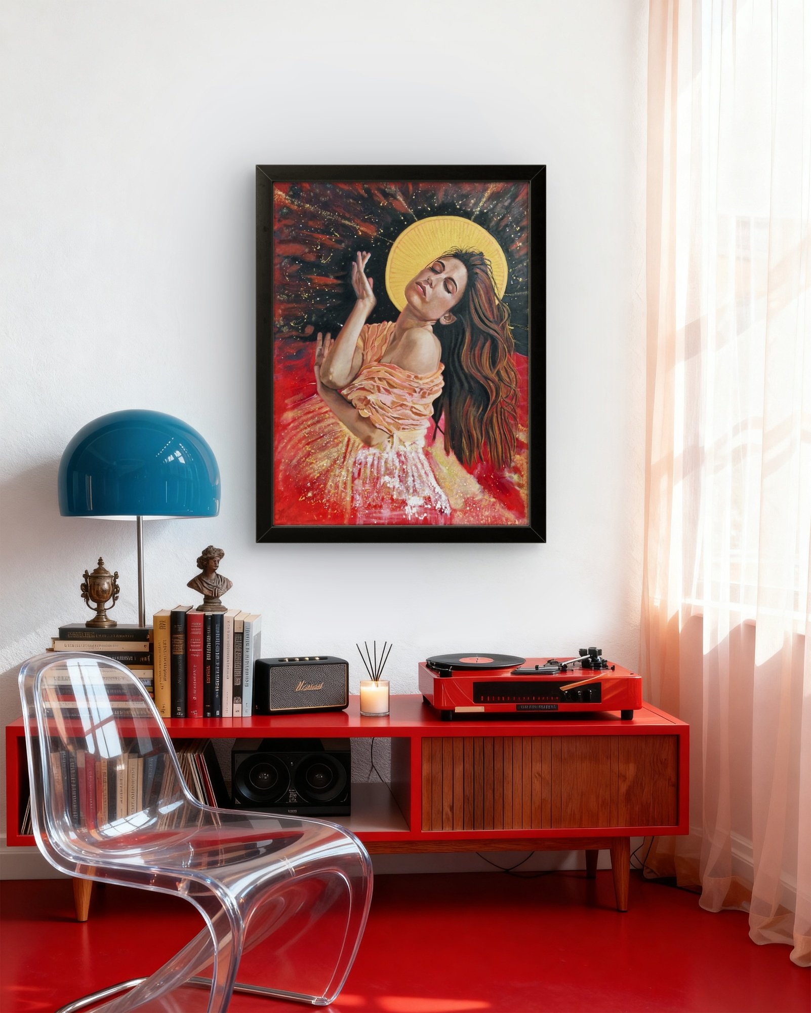 A living room with a colorful abstract artwork of a woman with long hair on the wall, a red TV stand with a record player, record, speaker, and books, and a transparent modern chair.