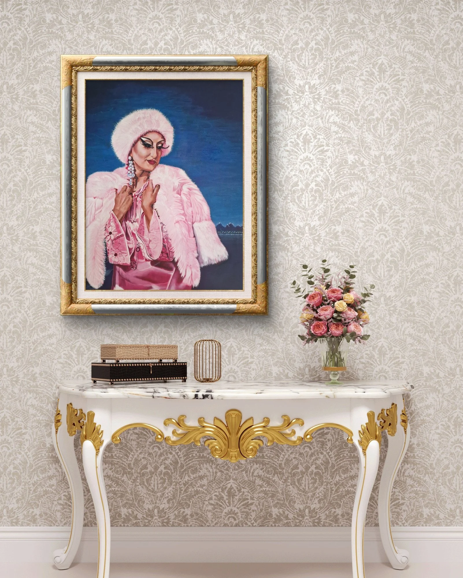 A framed painting of a woman dressed in pink with a fur hat and coat, holding a necklace, hanging on a wall with elegant wallpaper. Below, a white and gold ornate console table holds a flower vase with pink and white roses, a jewelry box, and decorative items.