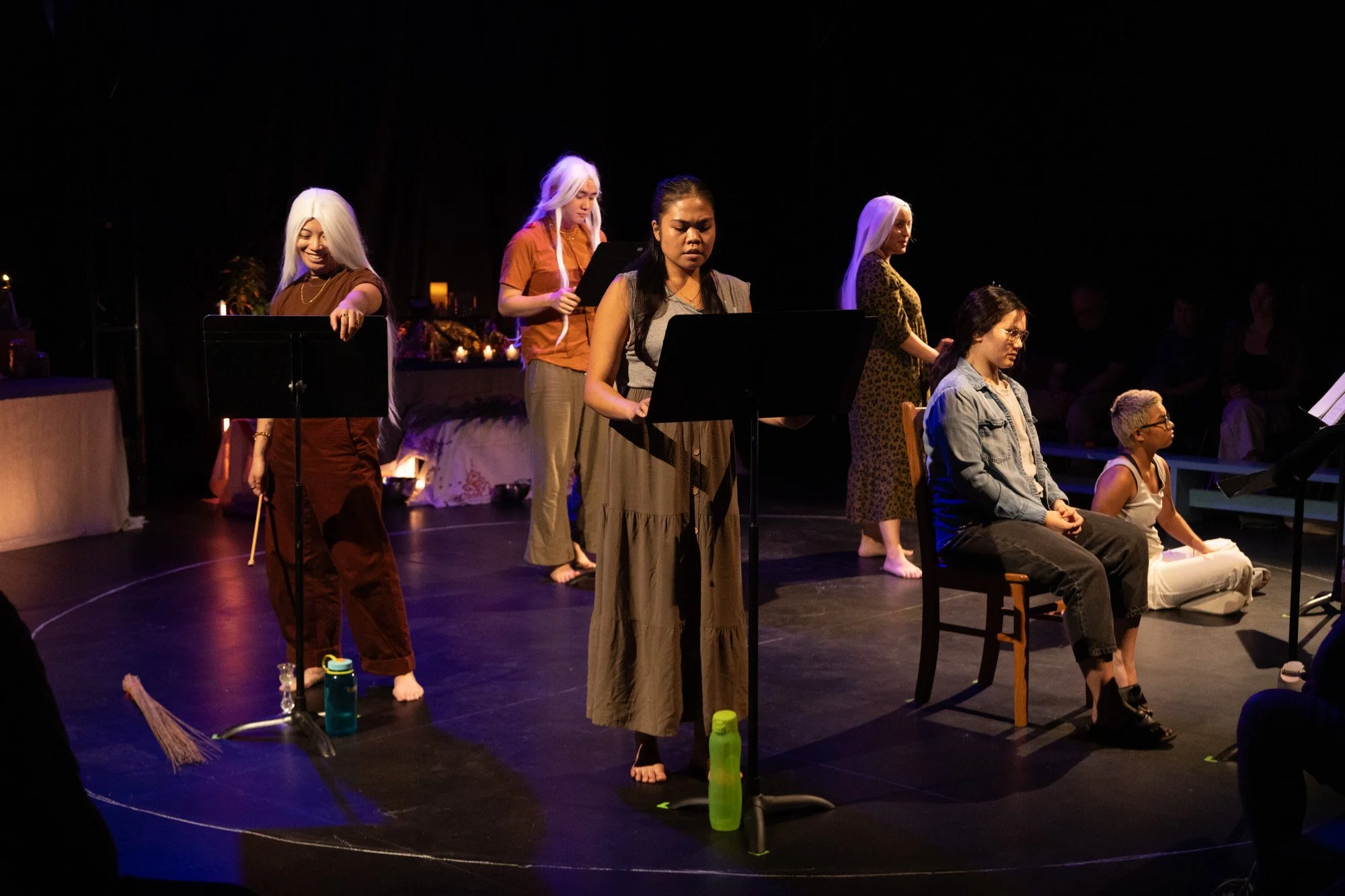 Jesse Del Fierro, Teddy Ngkaion, Yorlene Bernido, Lisa Goebel, Carmela Sison, and Sherine Menes in a public sharing of Engkanto (2024). Photo by Nathalie De Los Santos.