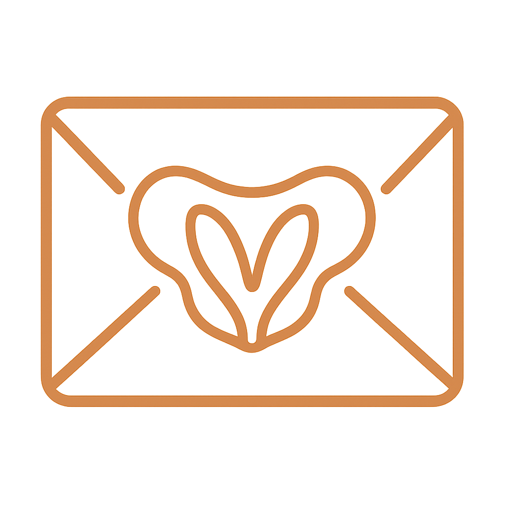 Outline of a love letter with a heart and a heart-shaped symbol inside it.